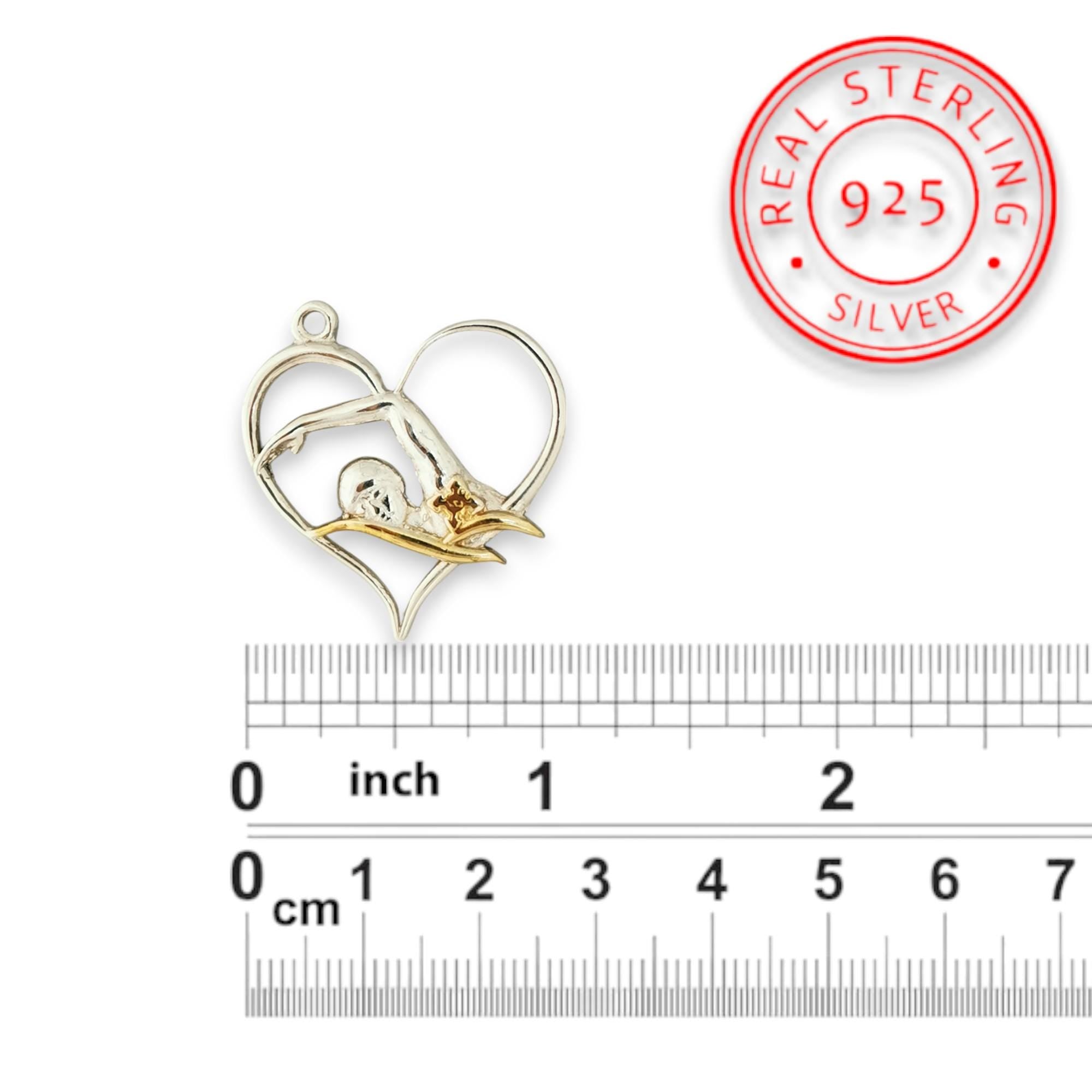 Swimmer Heart Jewelry Pendant for Women – Silver with Partial Gold Plating 925 Gift, Sporty Accessory for Swimmers and Teen Girls – Necklace