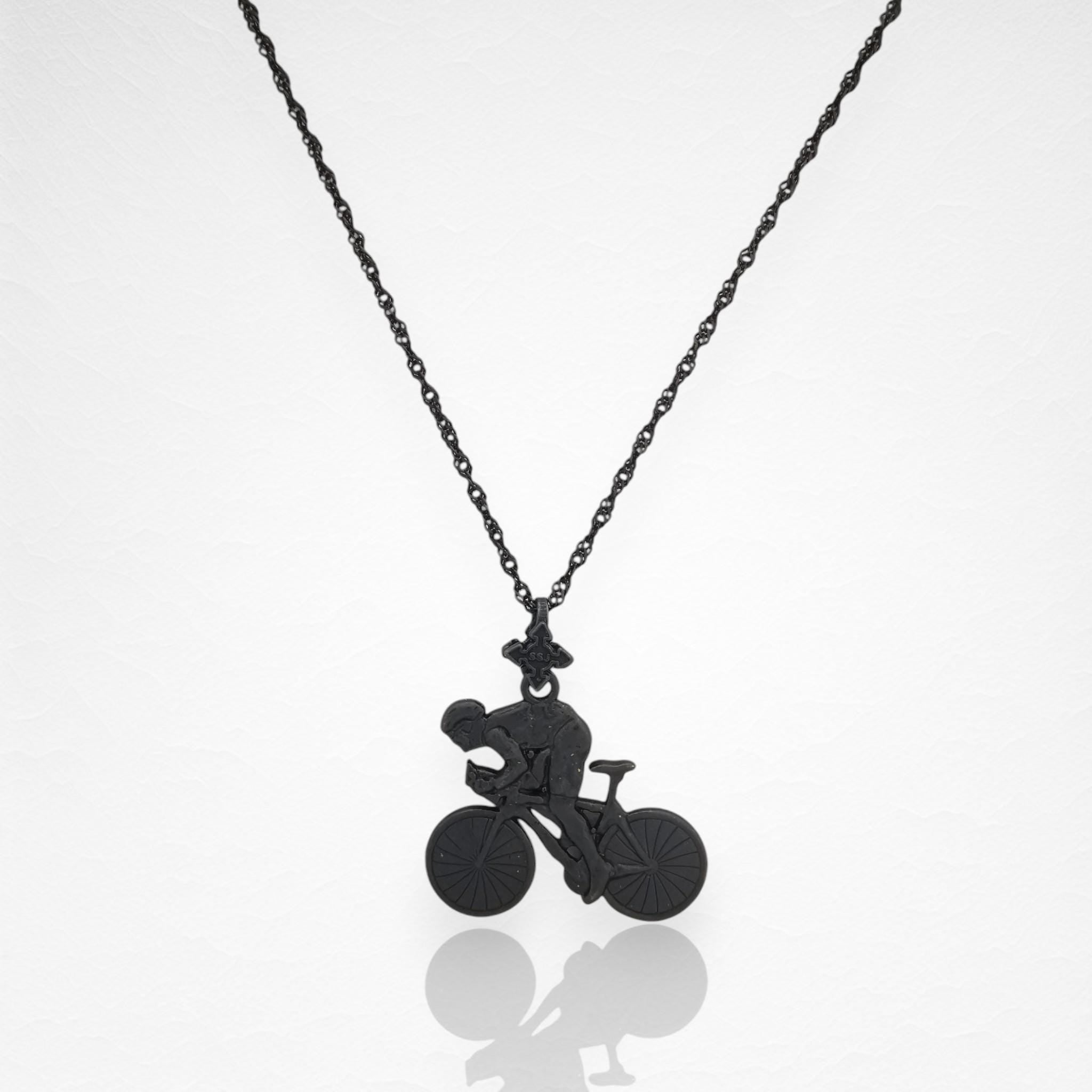 Oxidized Black Cyclist Pendant – 925 Silver Necklace for Men – Sports Jewelry Gift for Road Biker or Triathlete