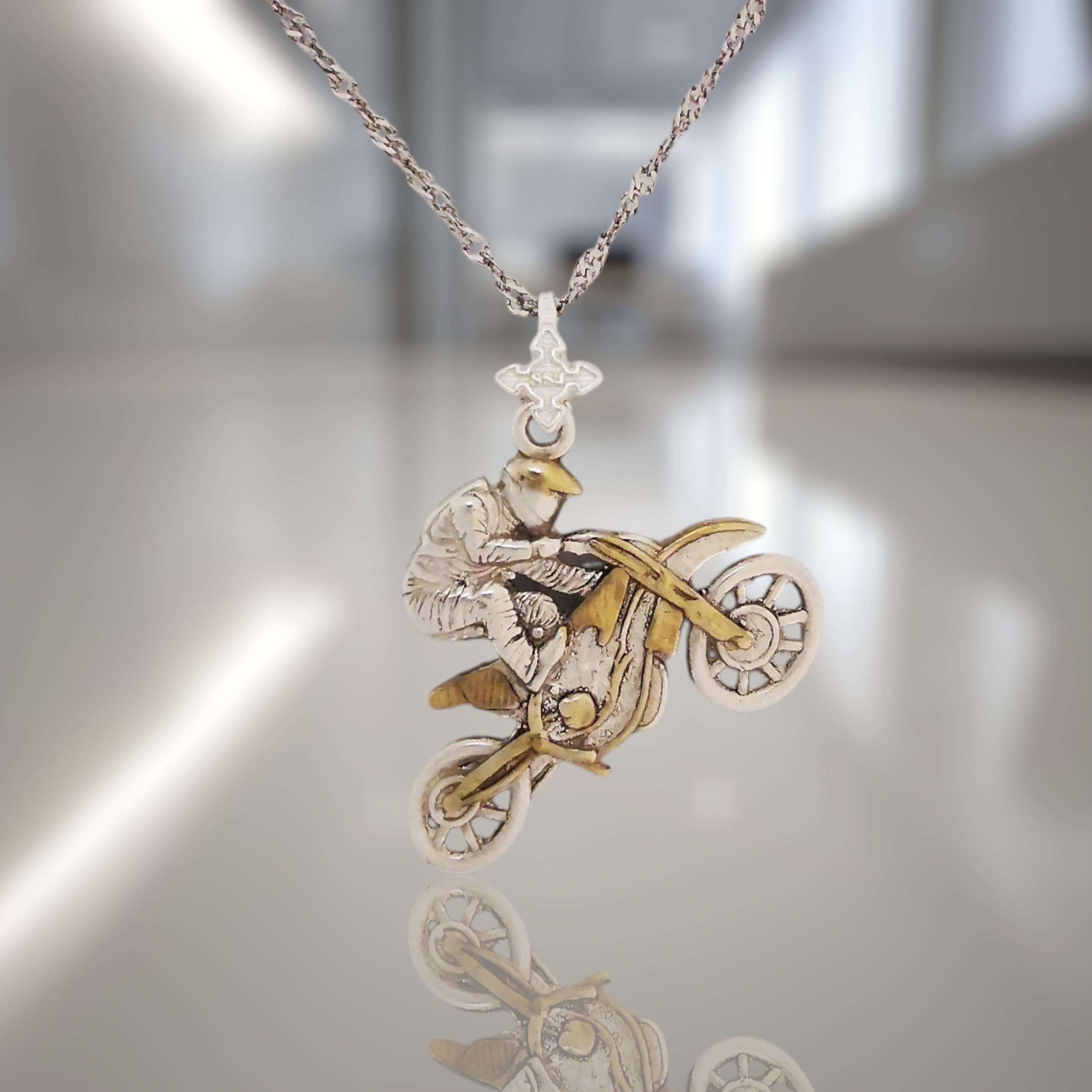 Motocross Jewelry Pendant for Men – Silver with Partial Gold Plating 925 Gift Two-Tone Sports Accessory for Riders and Collectors – Necklace