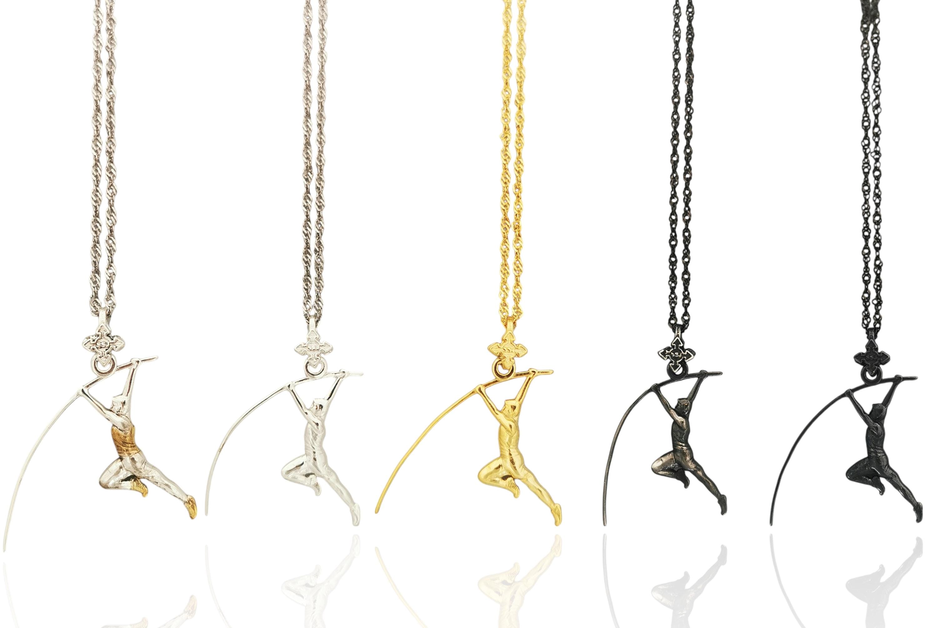 Pole Vault Pendant for Men – Gold Plated 925 Silver Jewelry – Sports Necklace Gift for Track Athlete, Teen Boy, or Coach