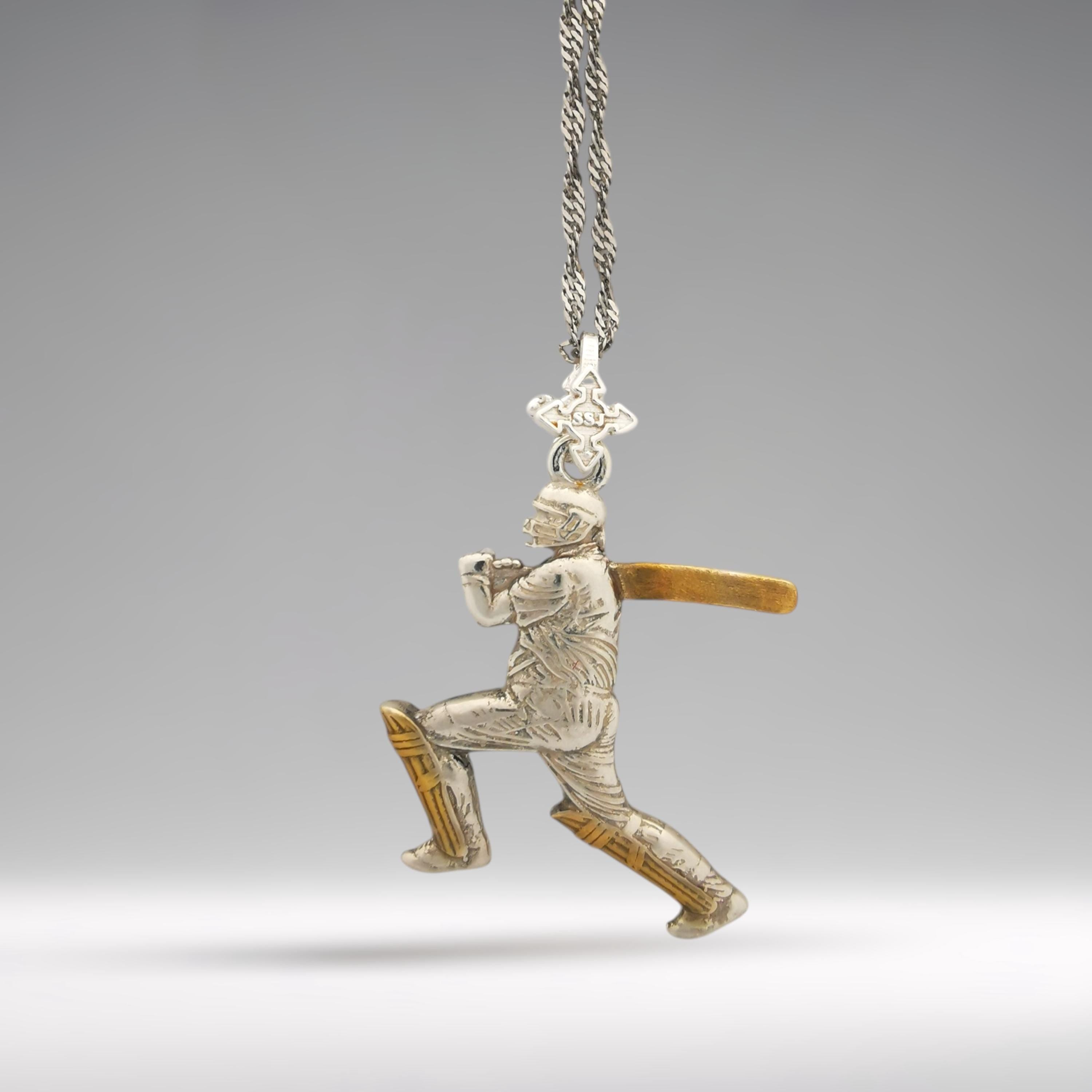 Cricket Pendant for Men – Two-Tone 925 Silver Necklace with Gold Accent – Elegant Sports Jewelry Gift for Player or Coach