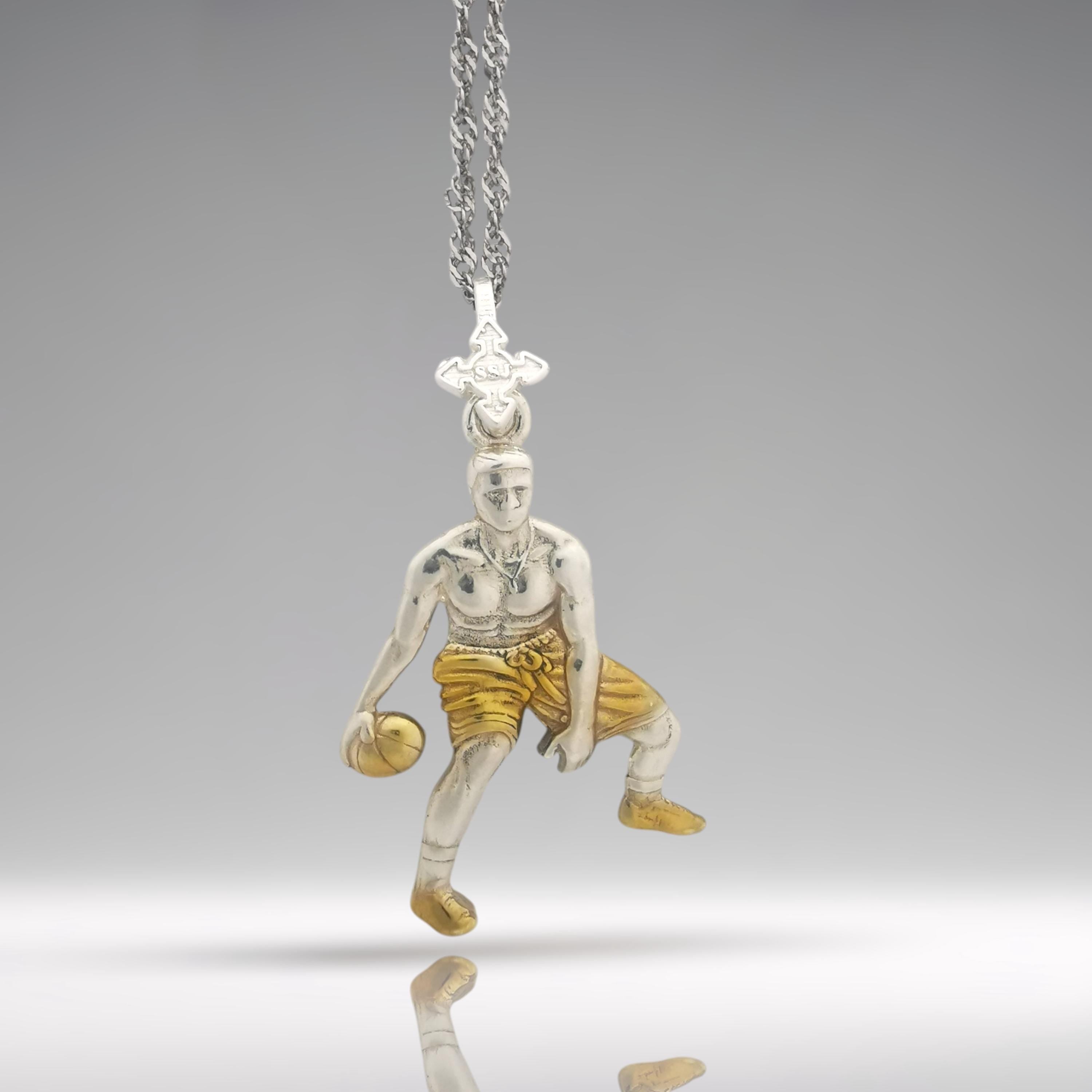Basketball Jewelry Pendant for Men, Silver with Partial Gold Plating 925 Gift, Two-Tone Sports Accessory for Players and Collectors Necklace