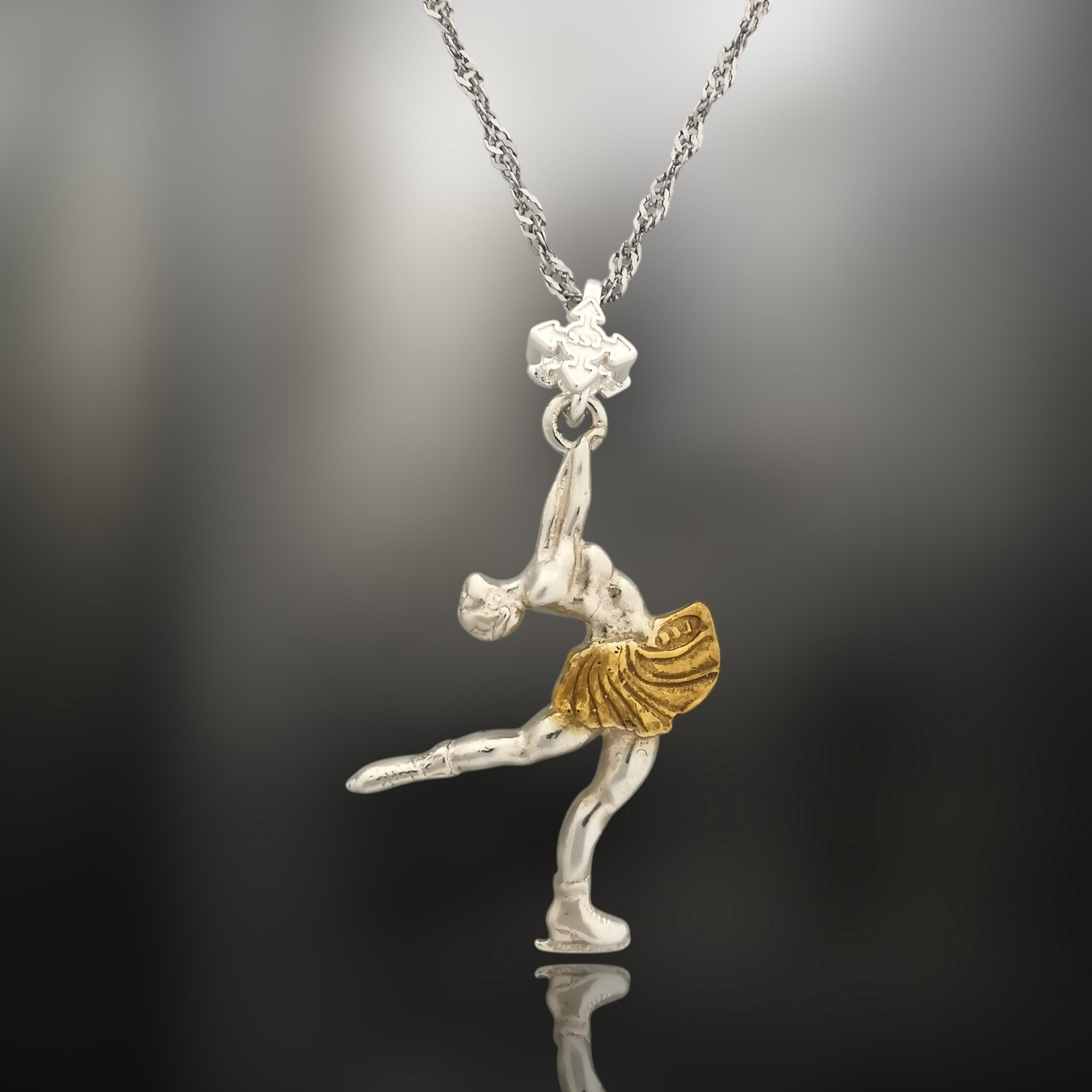Figure Skating Jewelry Pendant for Women – 925 Silver with Partial Gold Plating – Handcrafted Sport Charm for Ladies on Ice – Necklace