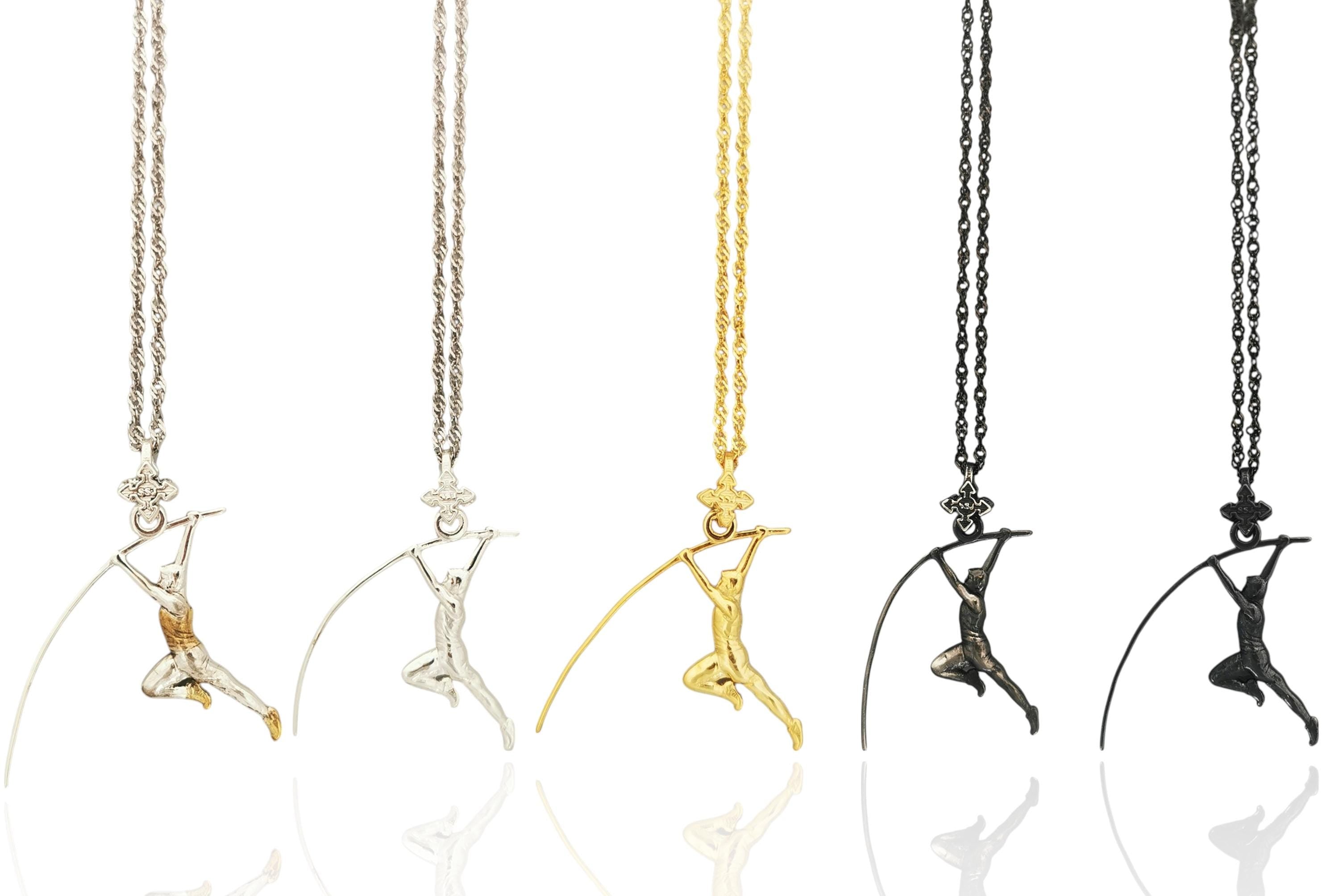 Pole Vault Jewelry for Men – Two Tone 925 Silver & Gold Pendant – Athletic Necklace Gift for Track and Field Athlete, Coach or Sports Fan
