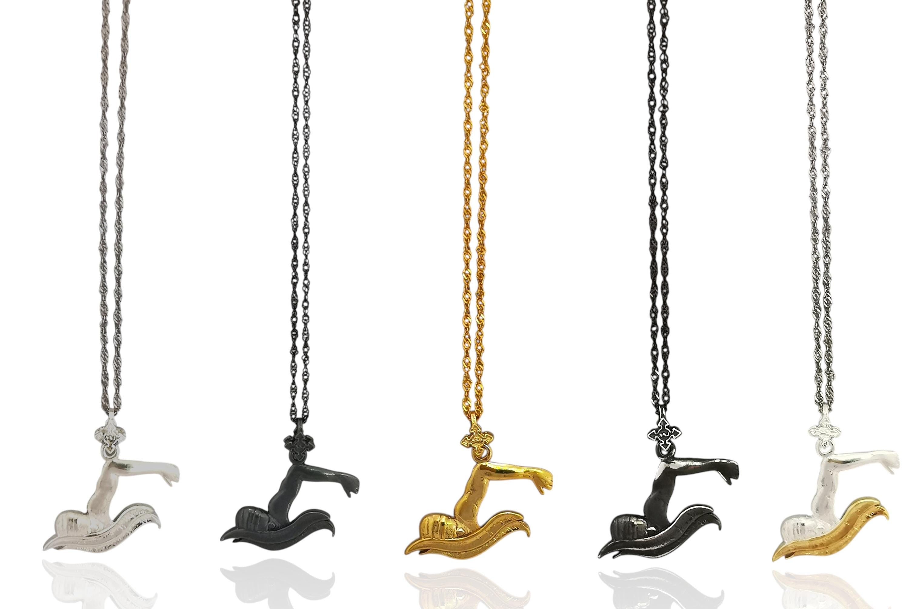 Swimming Jewelry Pendant for Men and Teen Boys – 925 Silver with Gold Detail Gift Sports Accessory for Breaststroke Swimmers Necklace
