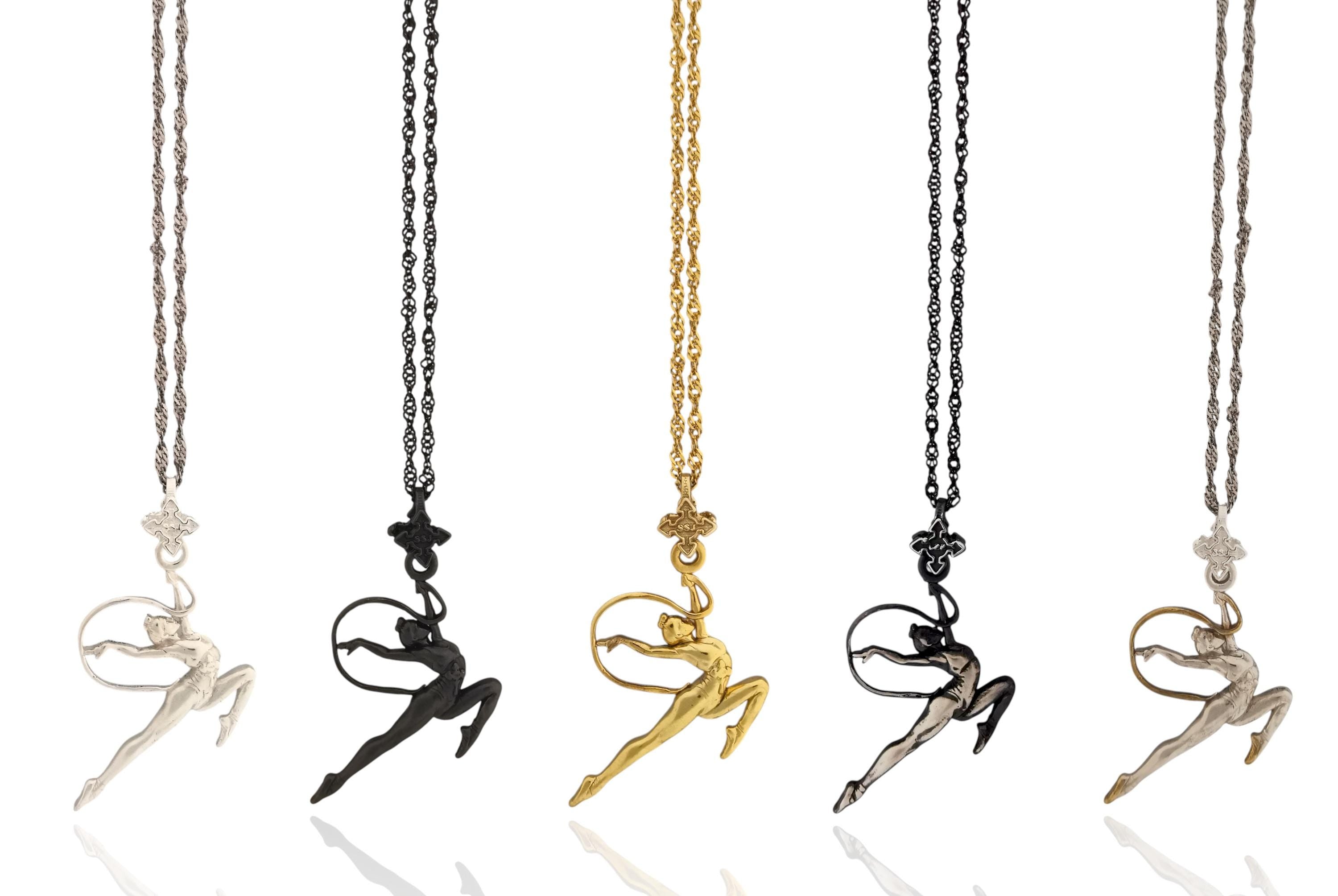 Rhythmic Gymnastics Jewelry Pendant for Girls, Oxidized Black 925 Silver Gift – Artistic Sports Charm for Dancers & Teen Athletes – Necklace
