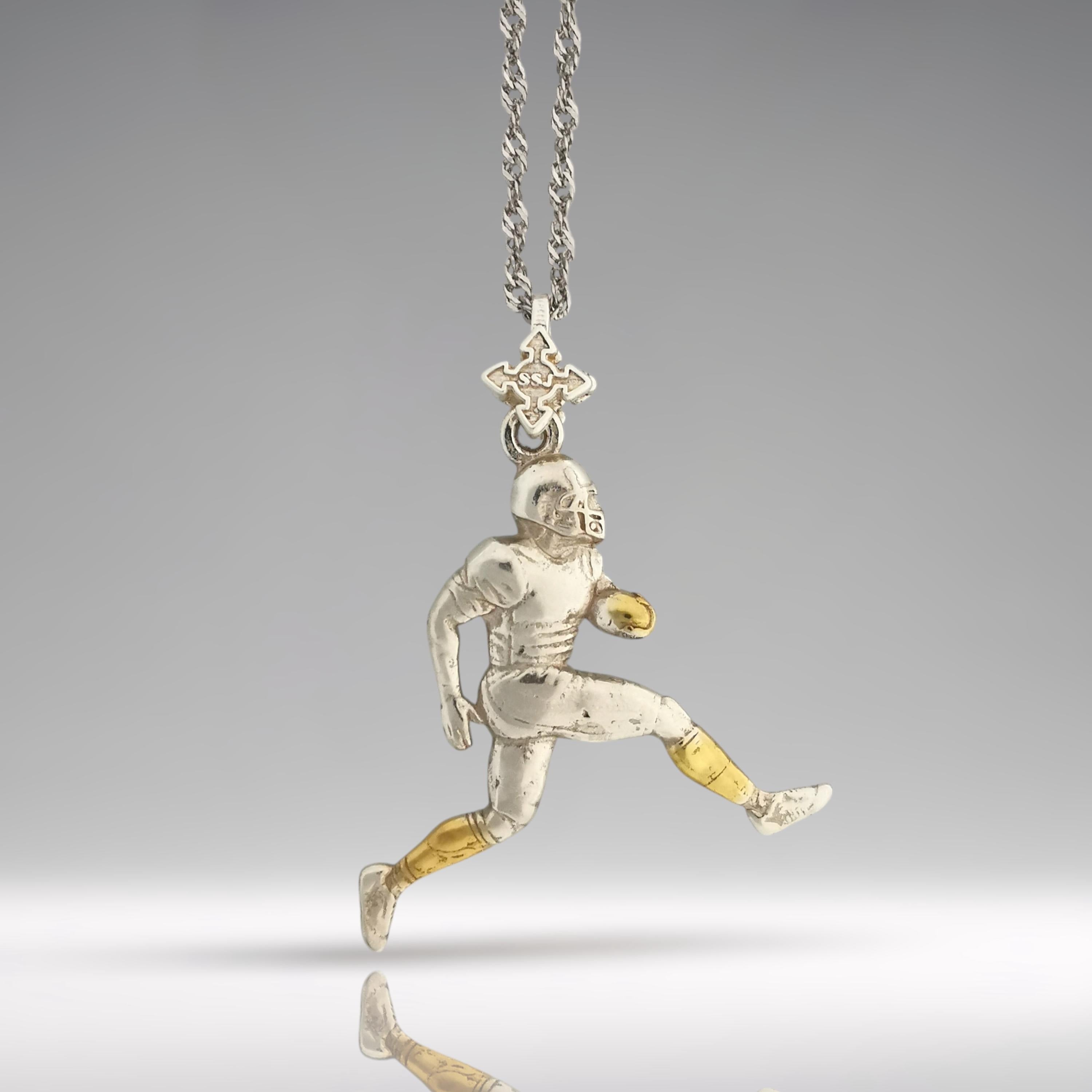 American Football Jewelry Pendant for Men – Silver with Partial Gold Plating 925 Gift Elegant Two-Tone Sports Accessory for Players Necklace