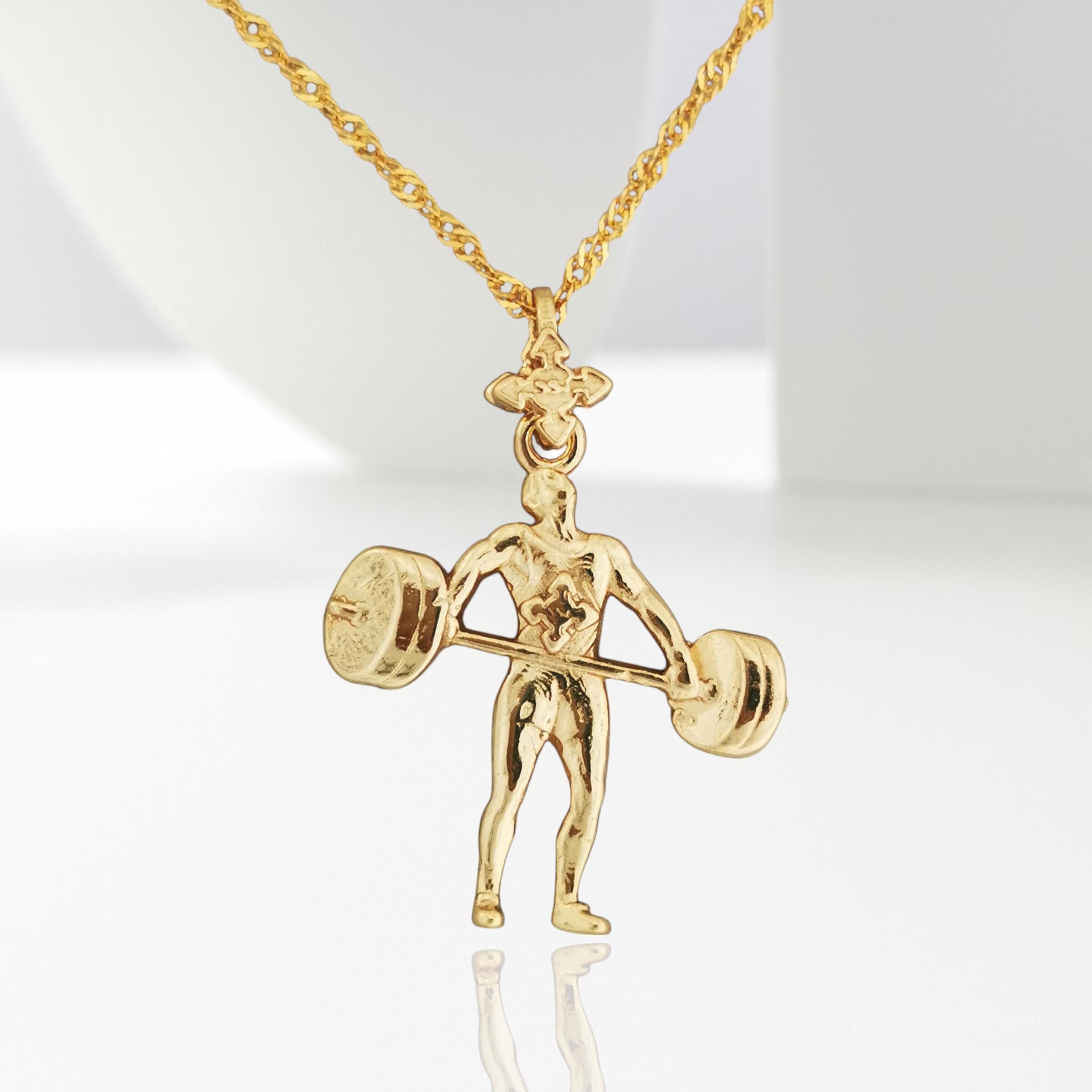 Gold-Plated Weightlifting Pendant Necklace - Mens Gym Charm for Bodybuilders