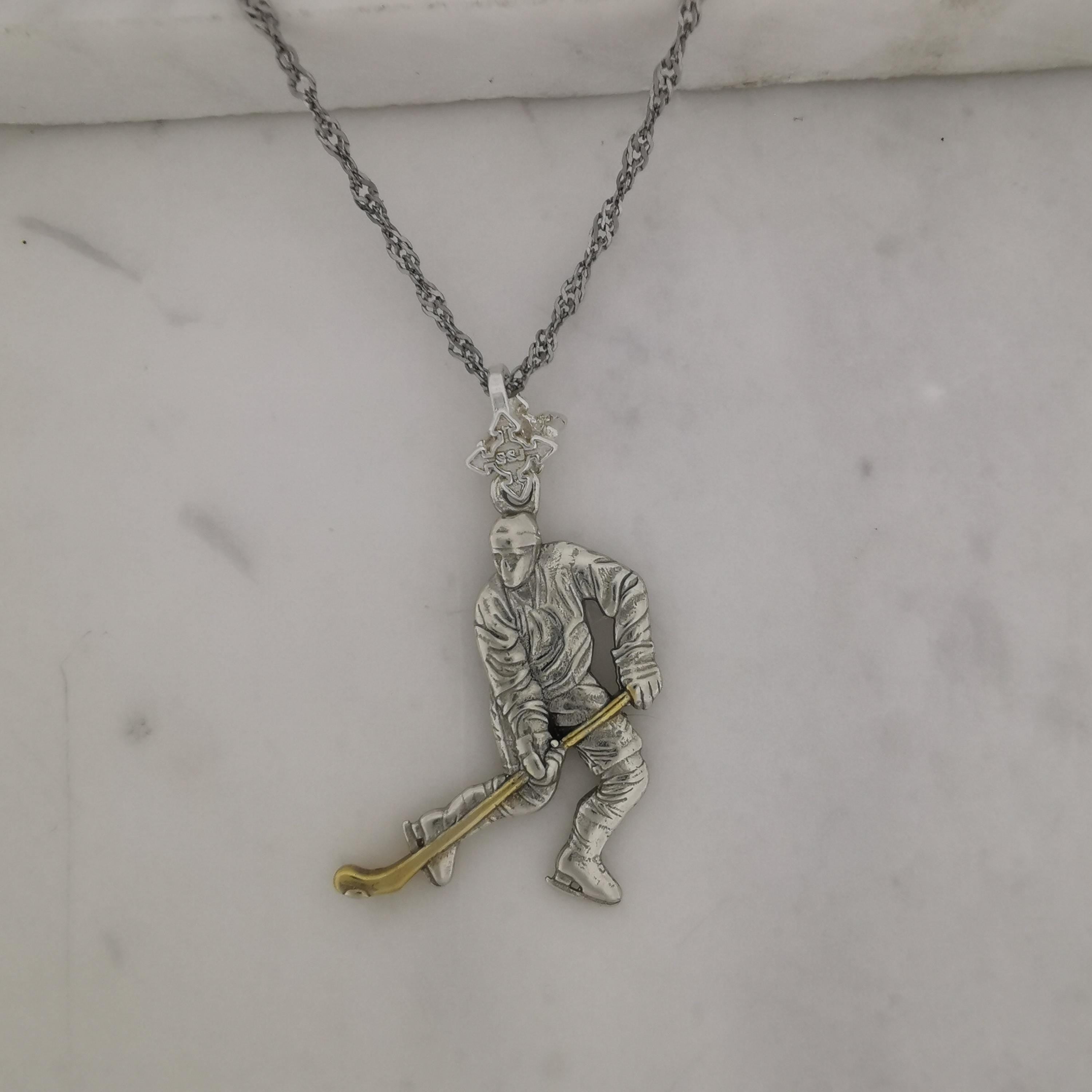 Ice Hockey Jewelry Pendant for Men – 925 Silver with Partial Gold Plating Gift Handcrafted Sports Accessory for Players and Coaches Necklace