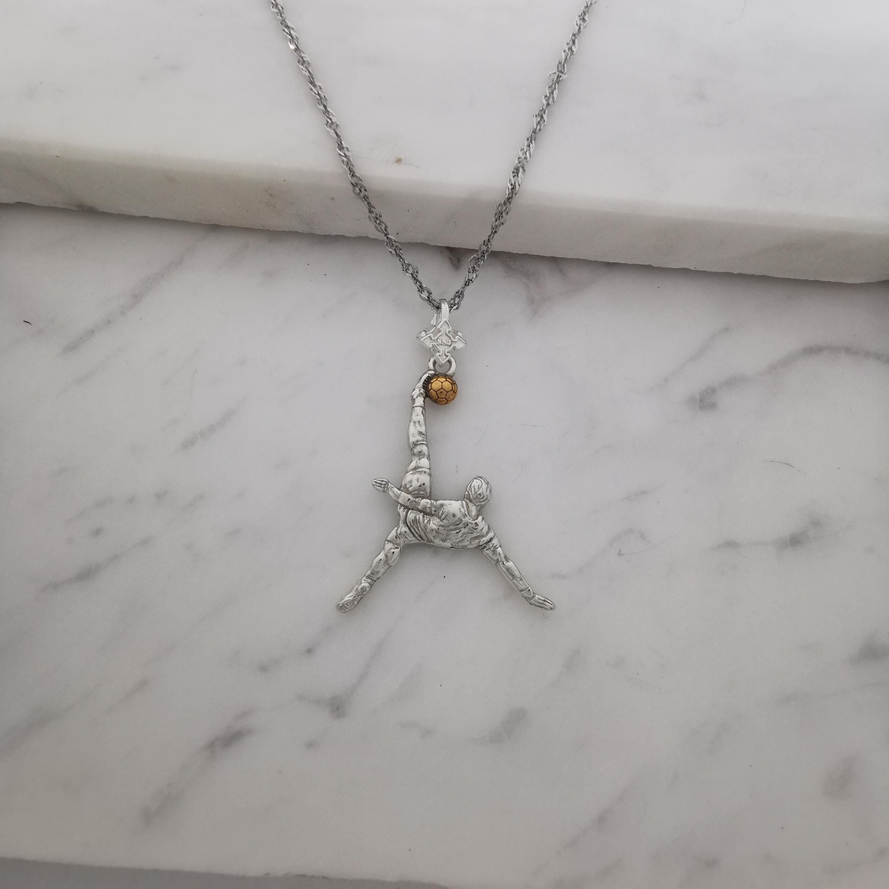 Football (Soccer) Jewelry Pendant for Men – 925 Silver with Partial Gold Plating – Bicycle Kick Sport Charm – Necklace