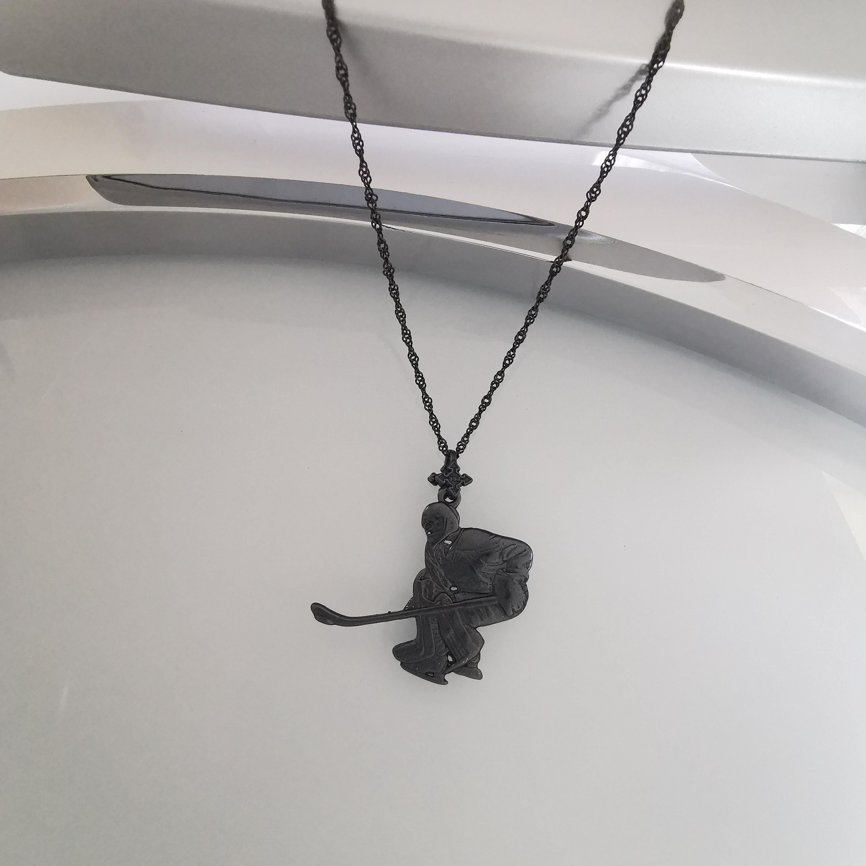 Ice Hockey Jewelry Pendant for Men – Oxidized Black 925 Silver Goalie Gift – Handcrafted Sports Charm for Athletes and Fans – Necklace