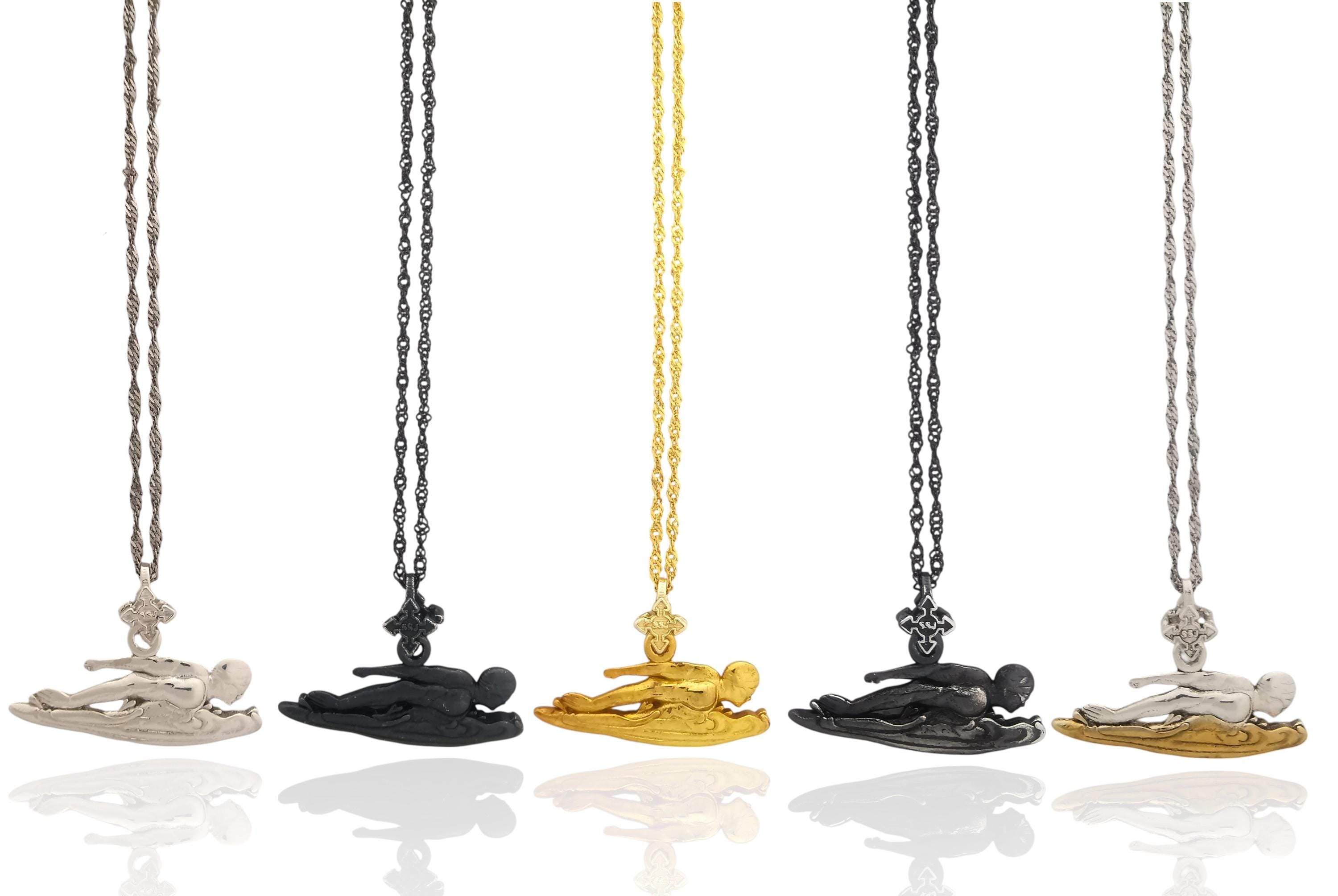 Swimming Jewelry Pendant for Men – Vintage Style 925 Silver Gift – Sports Accessory for Freestyle Swimmers and Water Sport Fans – Necklace