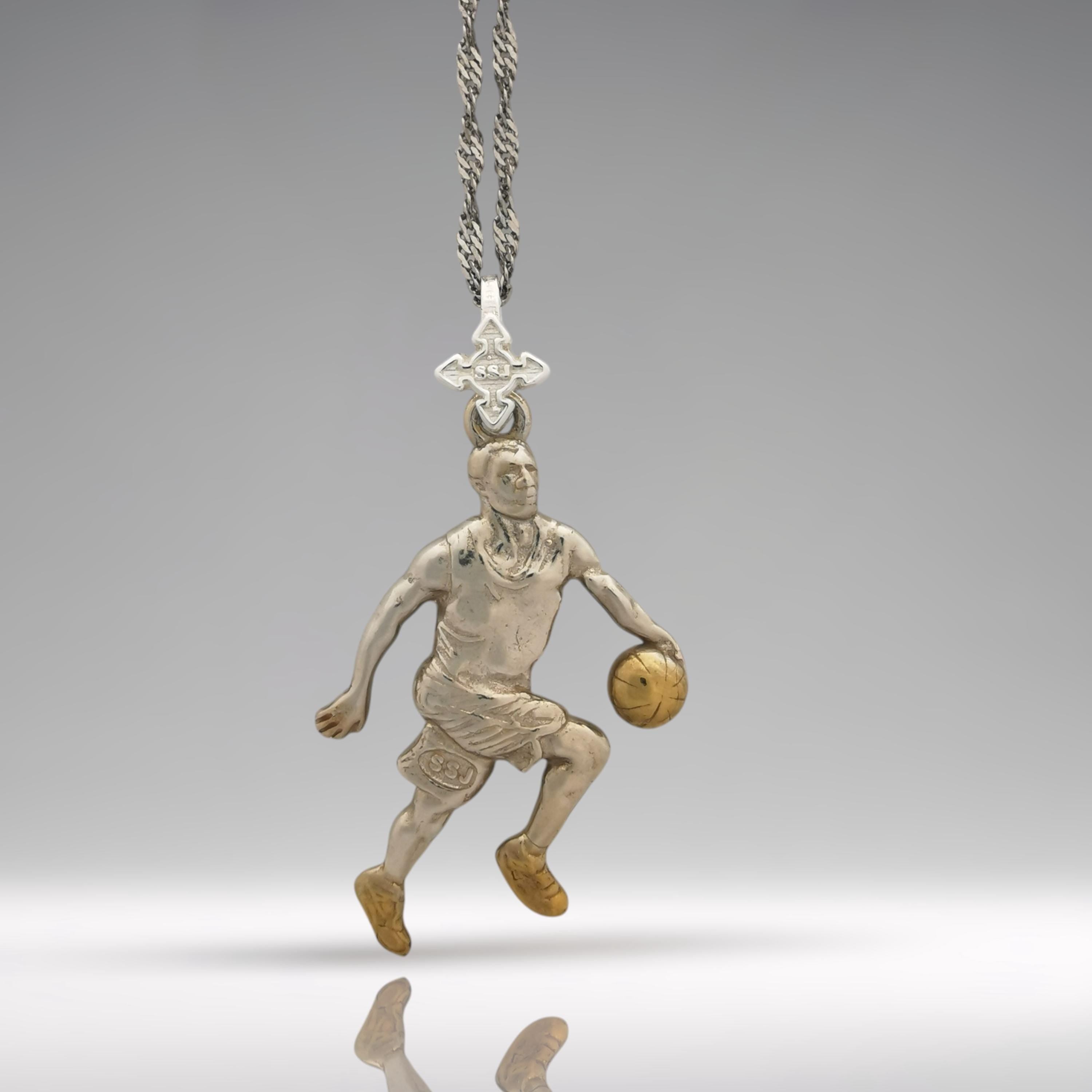 Basketball Jewelry Pendant for Men – Silver with Partial Gold Plating 925 Gift Two-Tone Sports Accessory for Players and Collectors Necklace