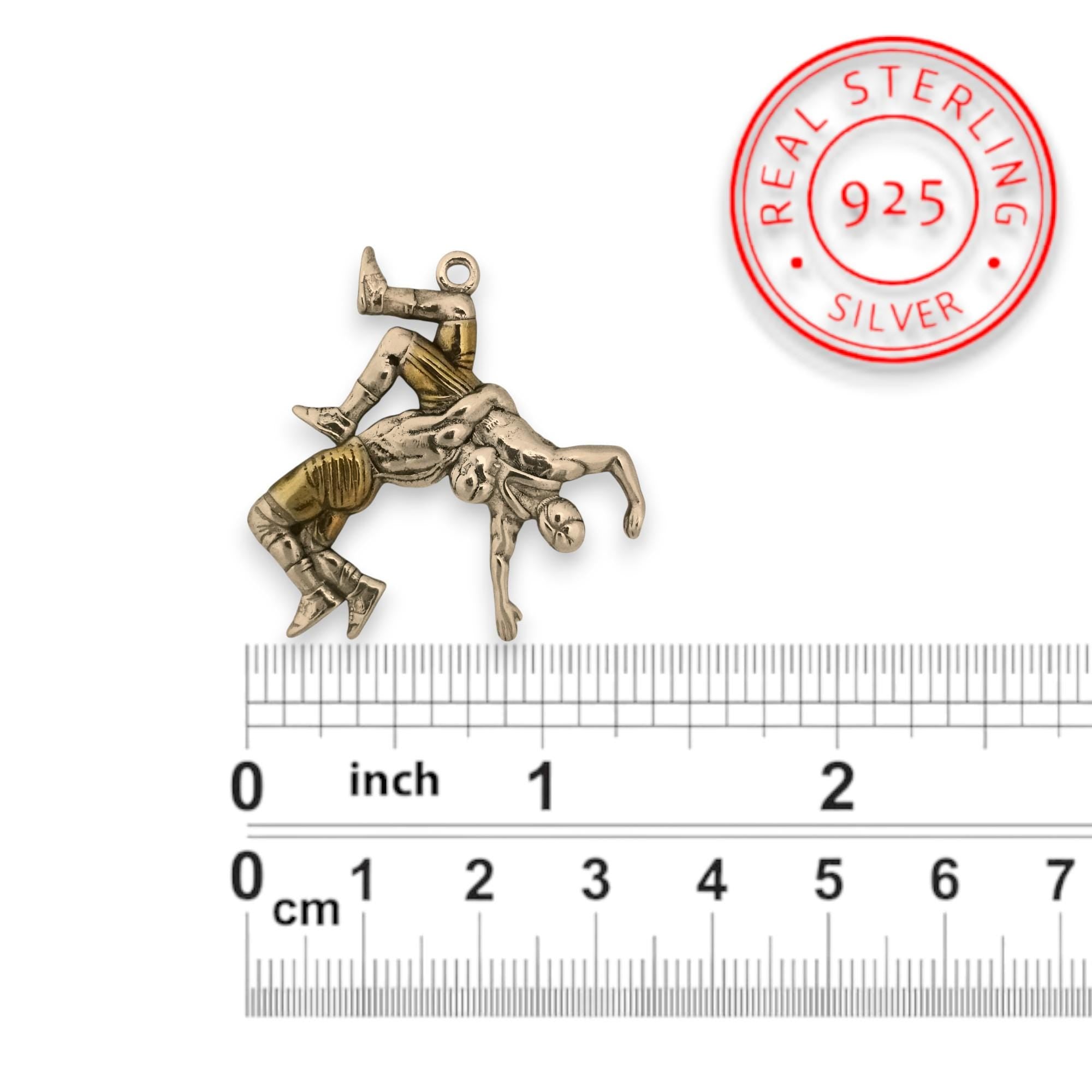 Wrestling Jewelry Pendant for Men – Silver with Gold Detail 925 Gift – Sports Accessory for Grapplers and Teen Boys – Necklace