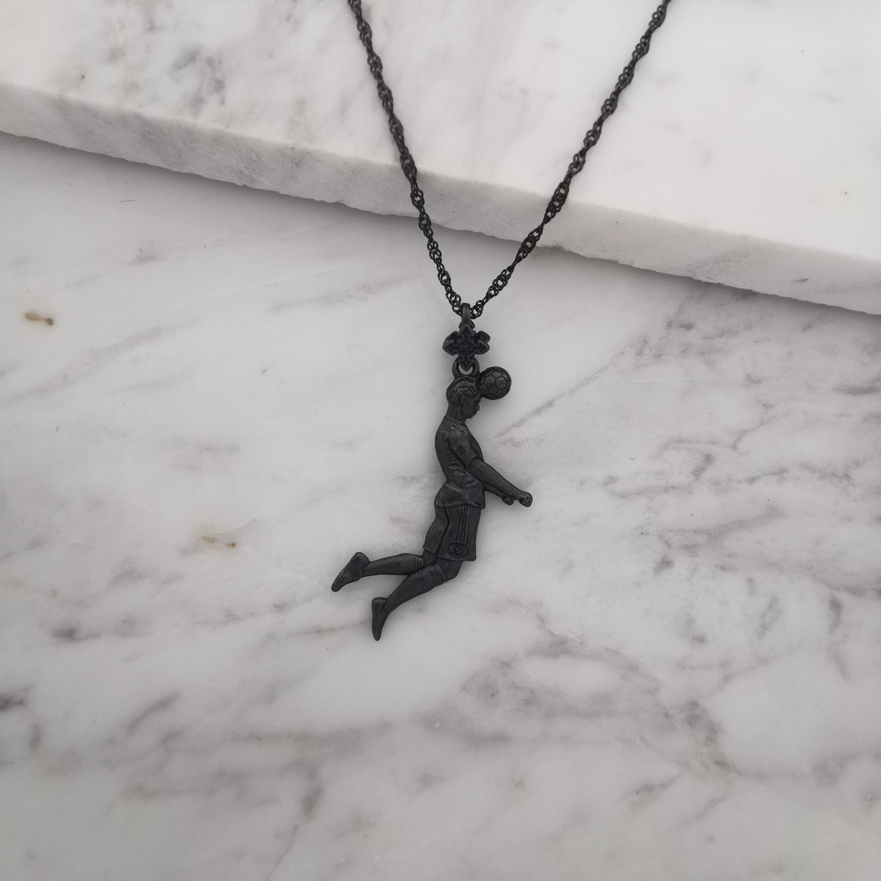 Football (Soccer) Jewelry Pendant for Men – Oxidized Black 925 Silver Gift – Header Shot Charm for Players – Necklace