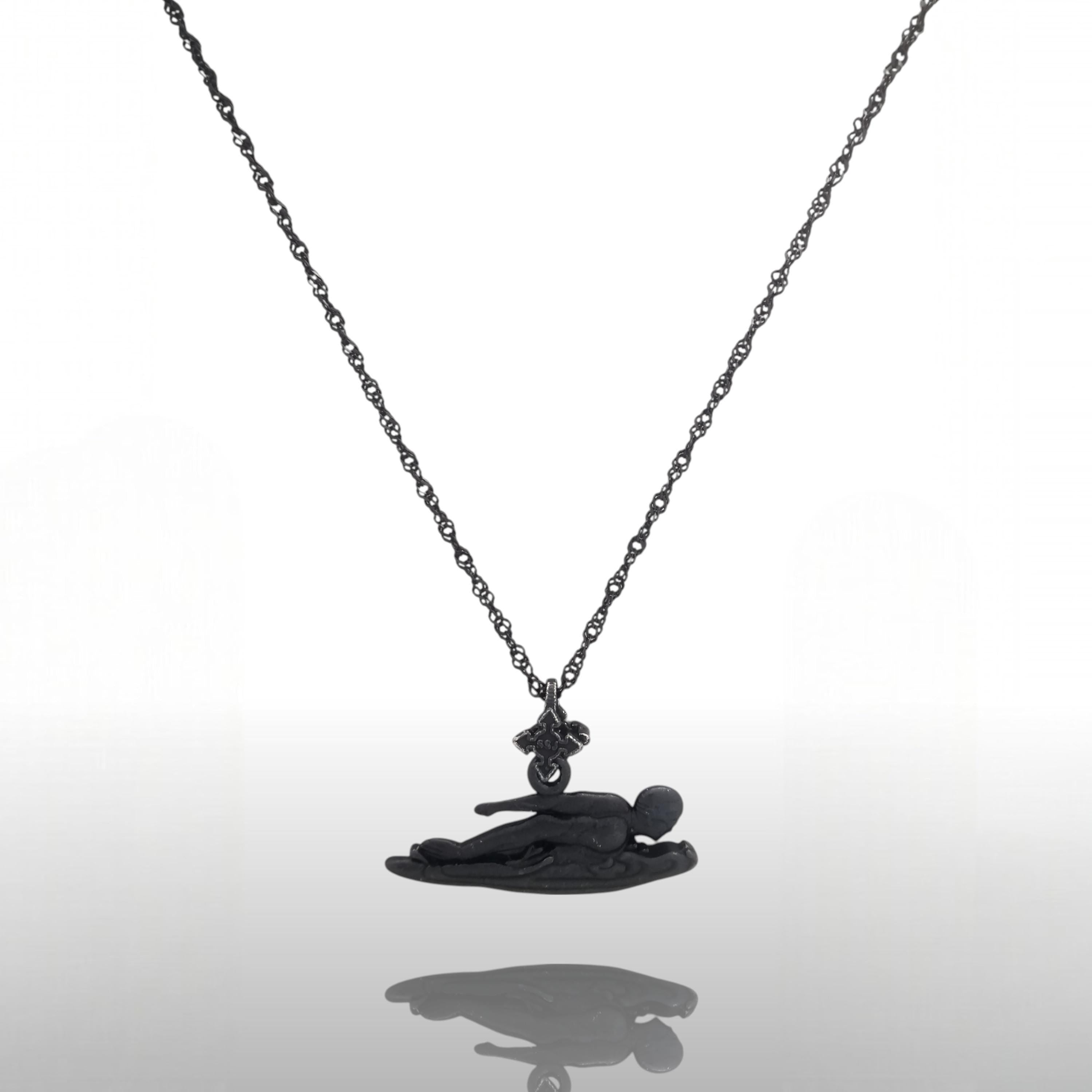 Swimming Jewelry Pendant for Men – Oxidized Black 925 Silver Gift – Sports Accessory for Freestyle Swimmers and Water Sport Fans – Necklace