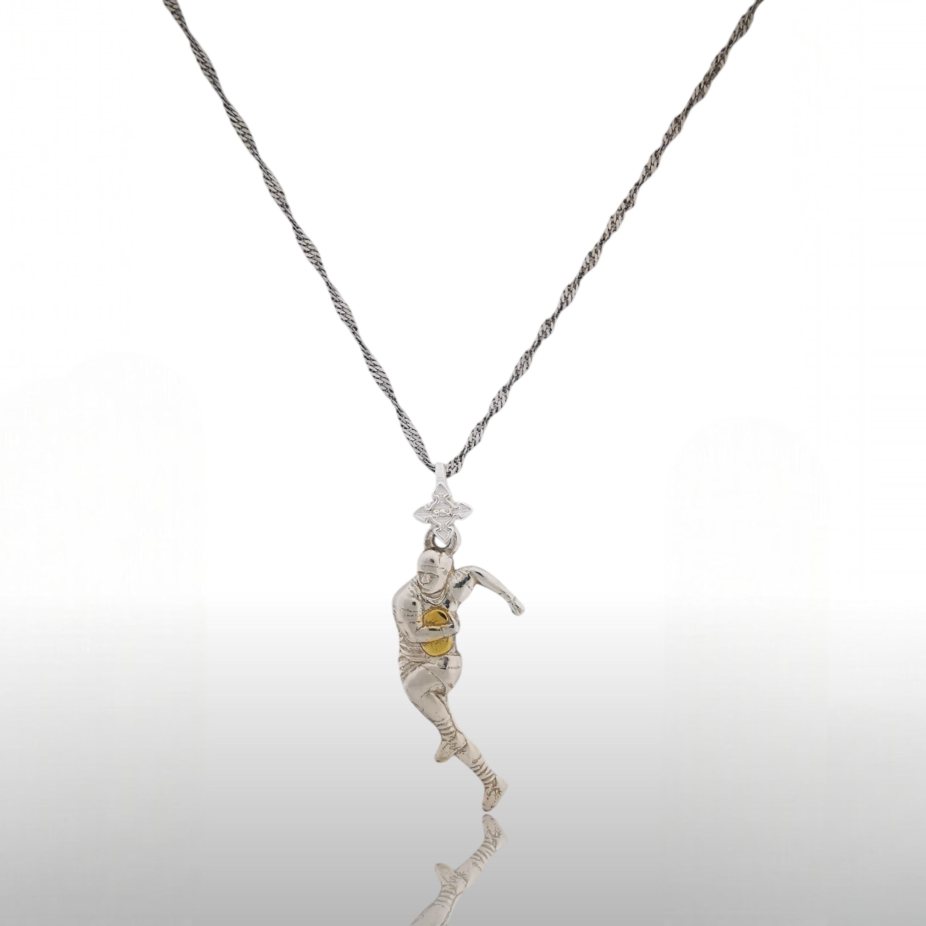 Rugby Pendant Necklace for Men – Two-Tone 925 Silver Sports Jewelry with Gold Detail – Bold Gift for Rugby Players, Coaches & Fans