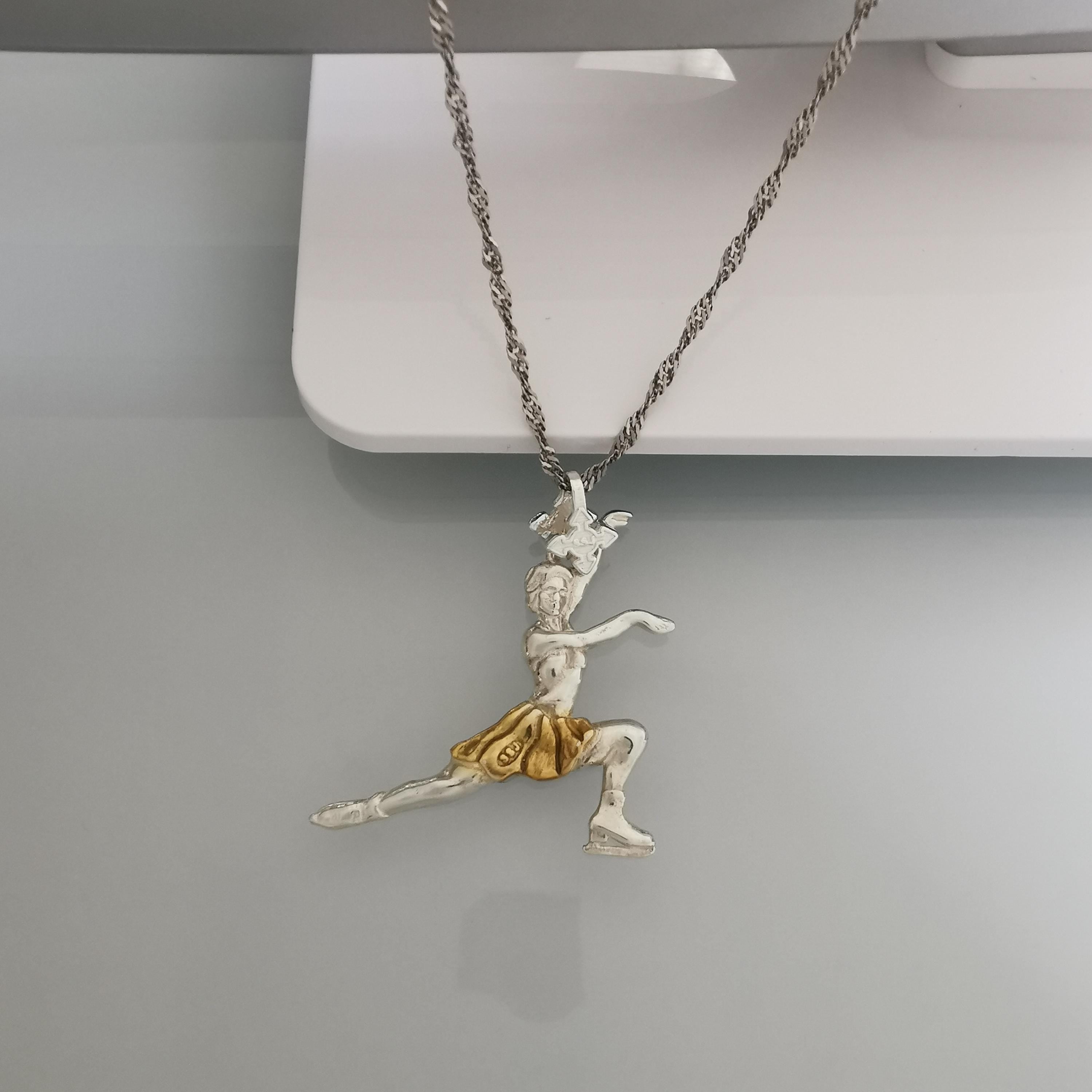 Figure Skating Jewelry Pendant for Women – Silver with Partial Gold Plating 925 Gift – Handcrafted Sports Charm for Skaters Necklace