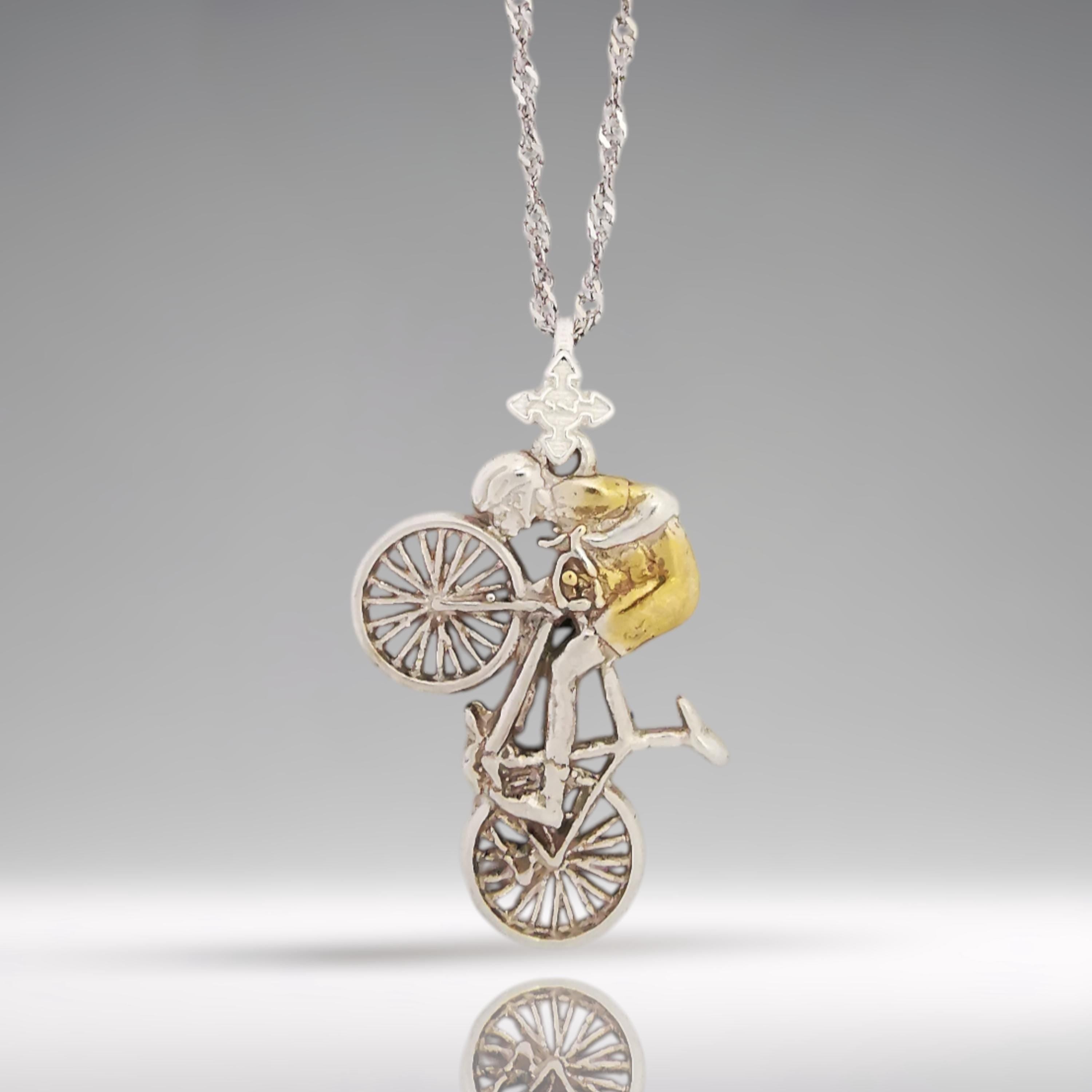Cycling Jewelry Pendant for Men – 925 Silver with Partial Gold Plating – Elegant Sports Necklace for Cyclists and Bike Riders – Necklace