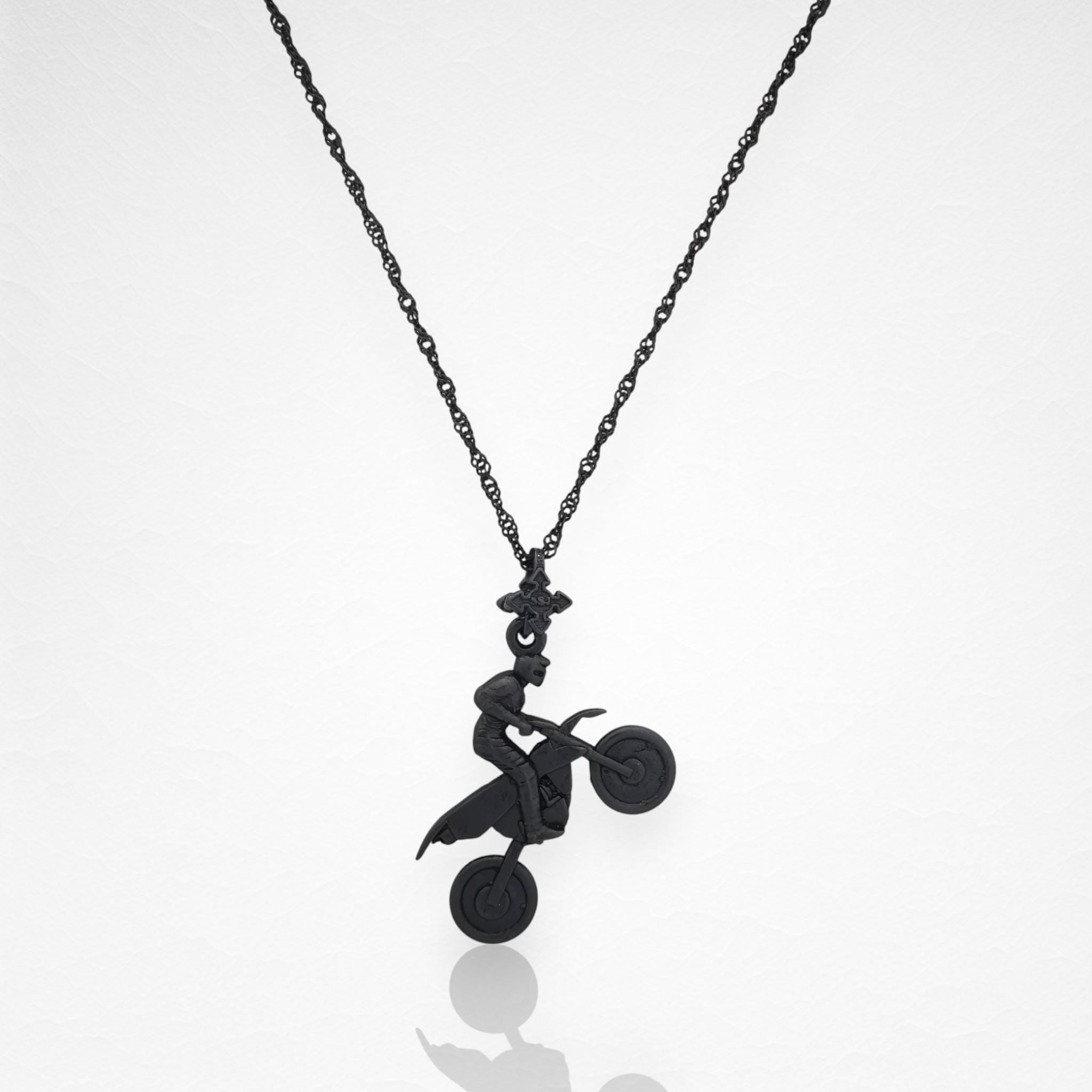 Motocross Jewelry Pendant for Men – Black Oxidized 925 Silver Sports Jewelry – Gift for Riders, MX Racers or Extreme Sports Fans Necklace