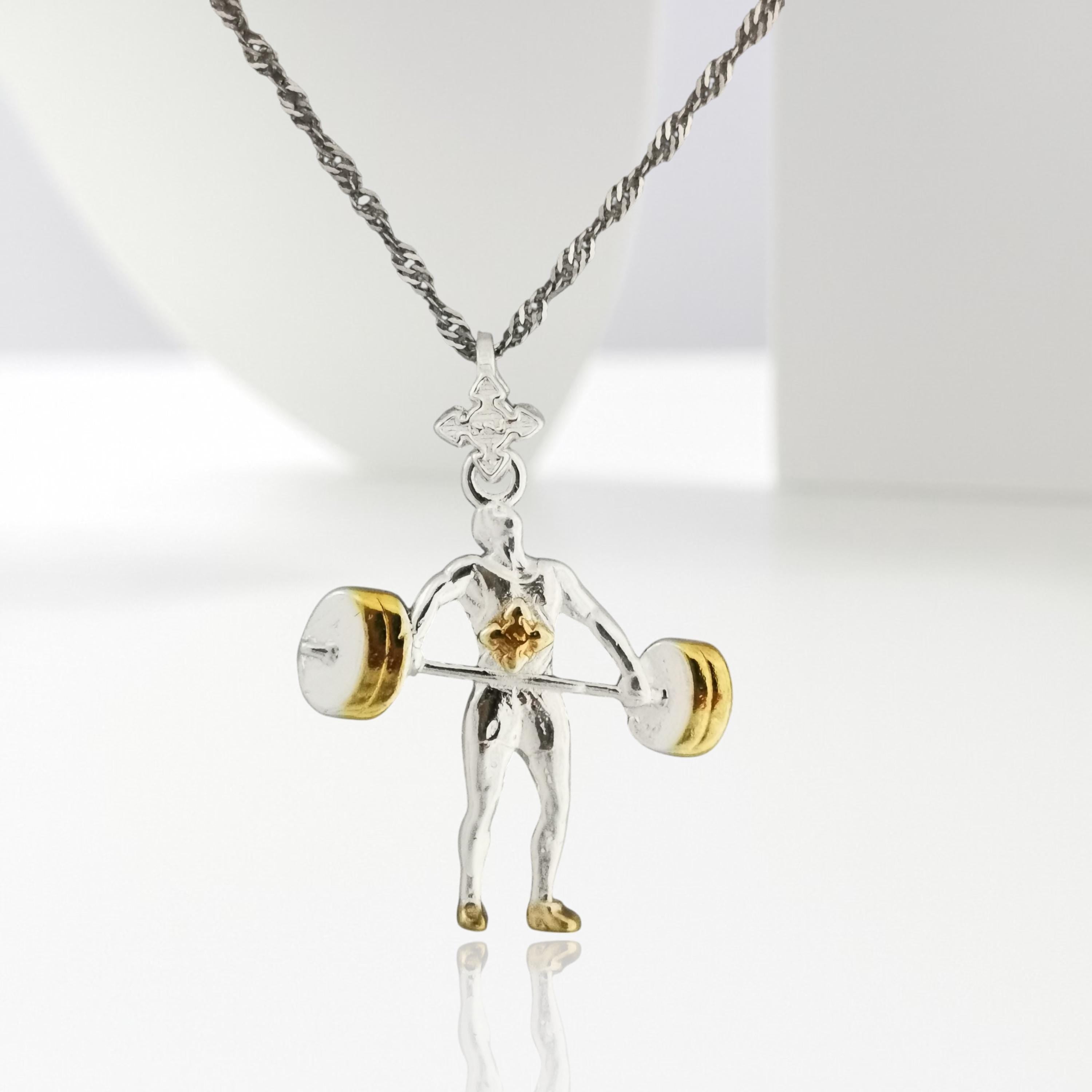 Weightlifting Pendant for Men Two-Tone 925 Silver Jewelry with Gold Detail Gym Charm Gift for Bodybuilders, Coaches & Fitness Fans Necklace