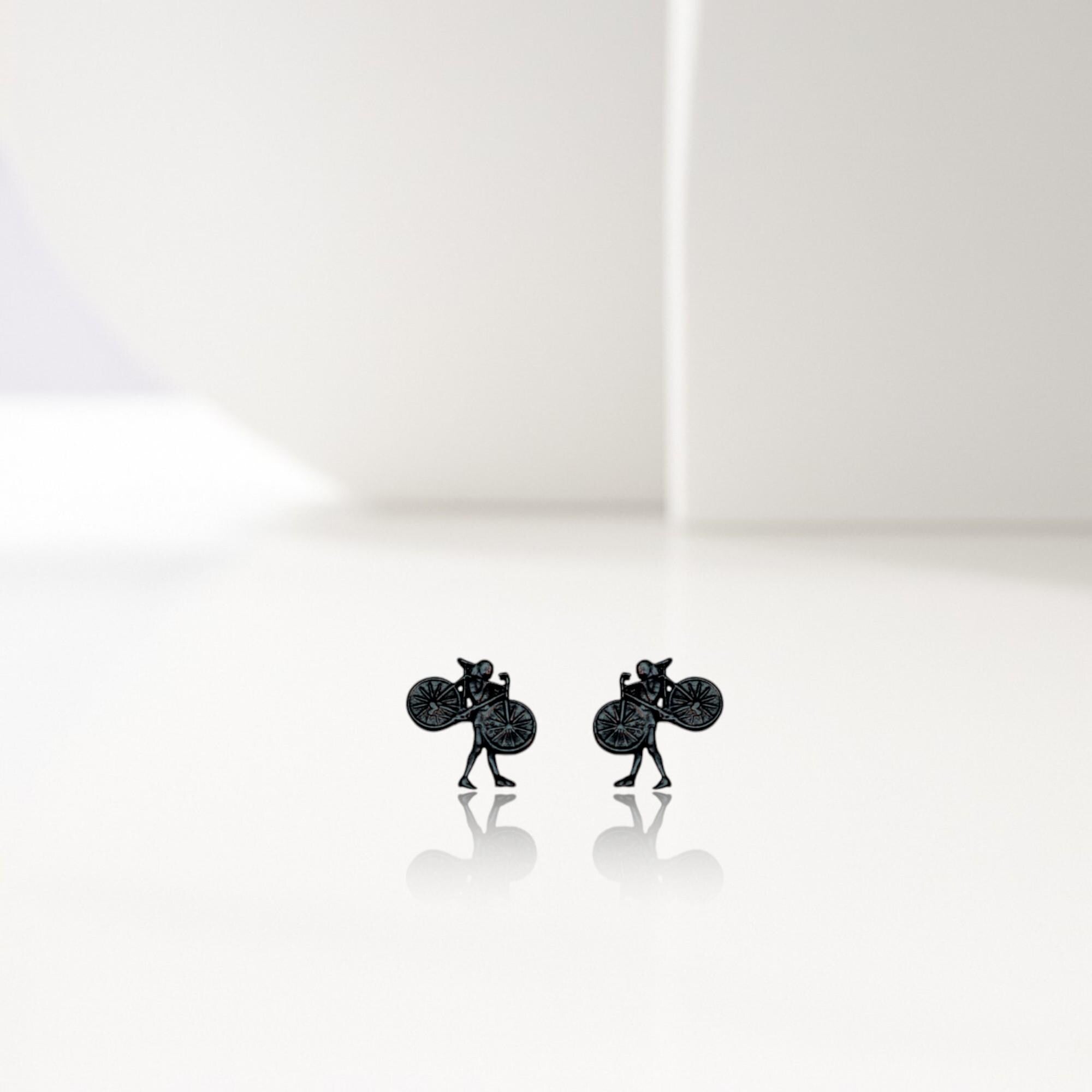 Minimalist Cycling Stud Earrings – Black Oxidized 925 Silver Jewelry for Women, Gift for Cyclist, Coach or Athlete, Small Bike Earrings