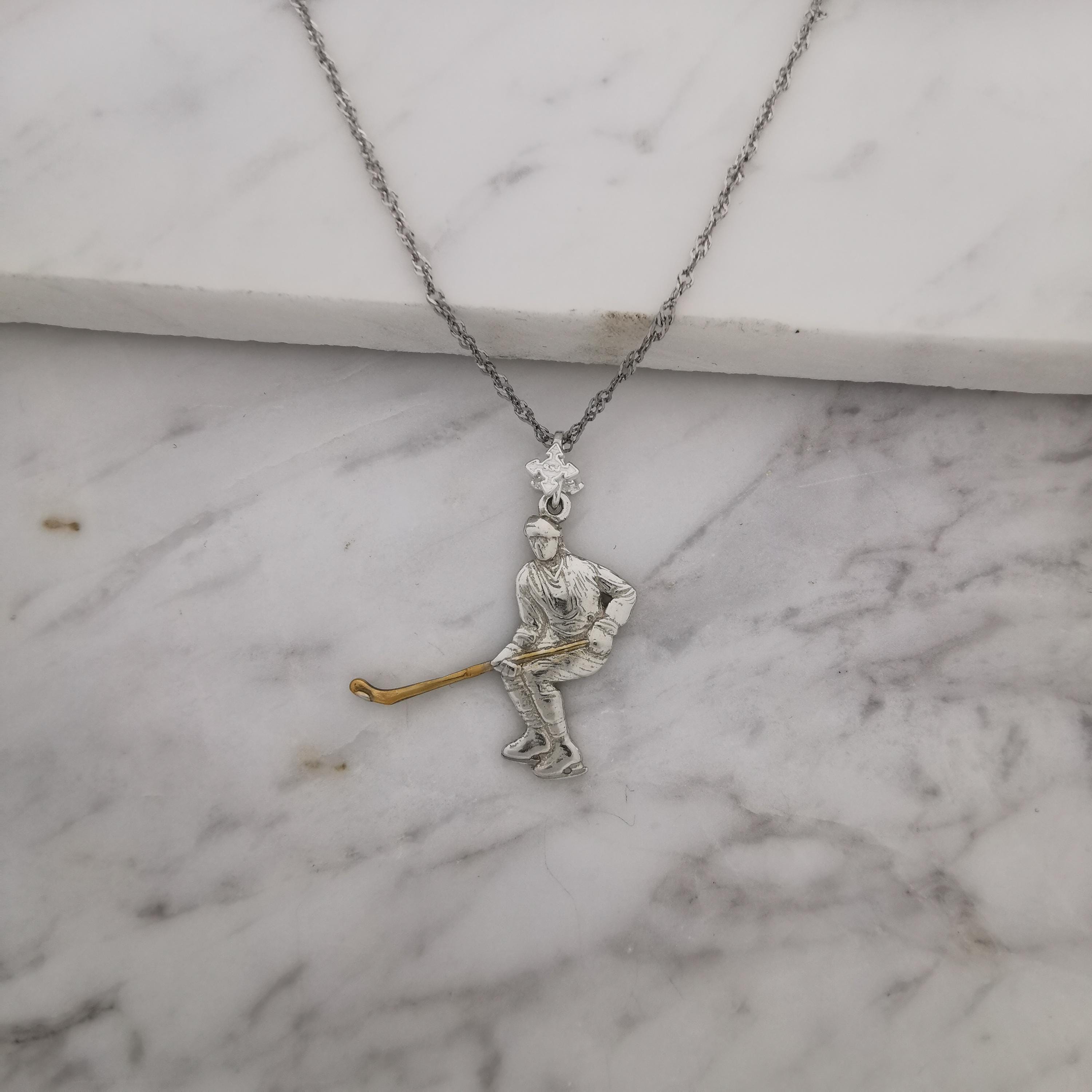Ice Hockey Jewelry Pendant for Men – 925 Silver with Partial Gold Plating – Handcrafted Sport Charm for Players – Necklace