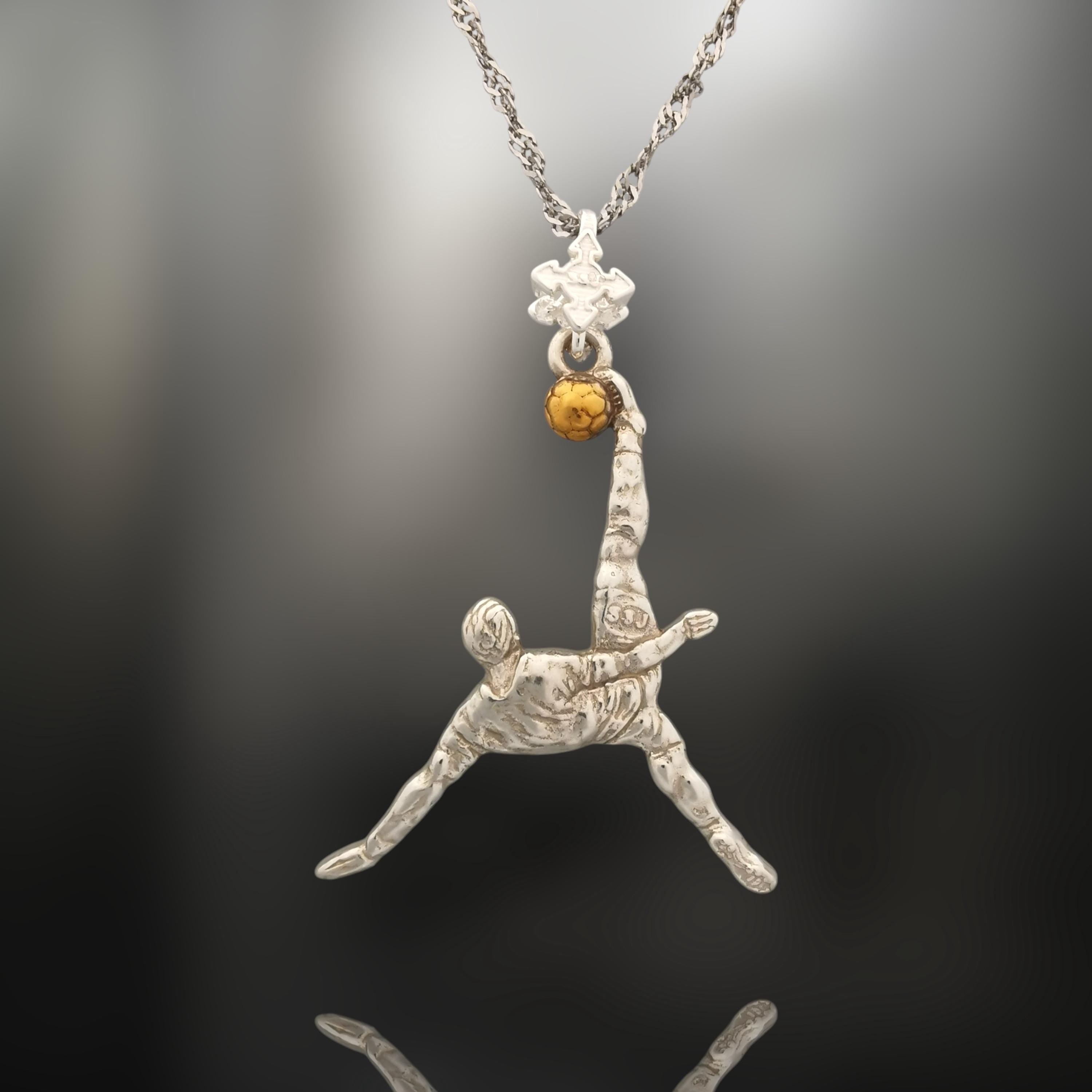 Football (Soccer) Jewelry Pendant for Men – 925 Silver with Partial Gold Plating – Bicycle Kick Sport Charm – Necklace