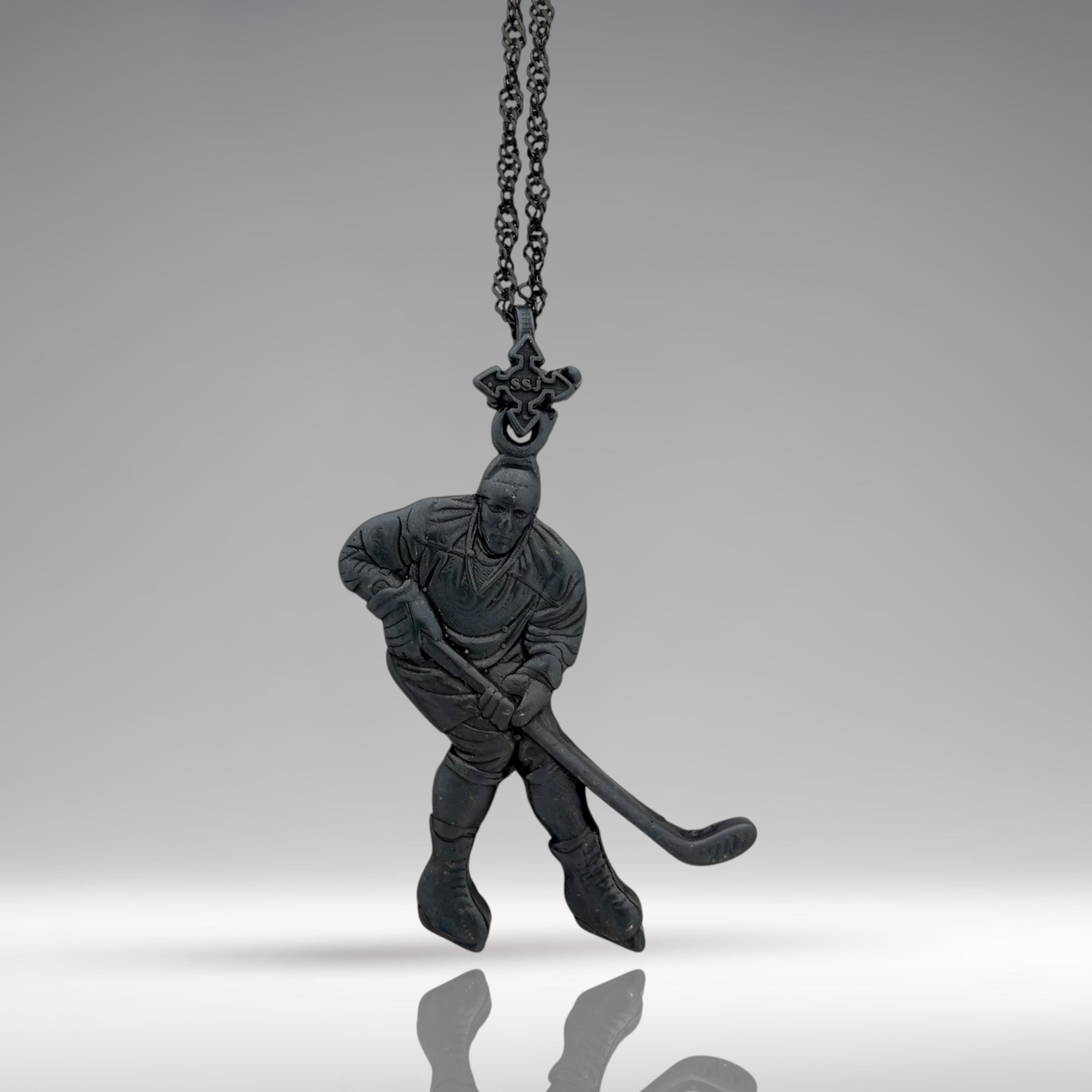 Ice Hockey Jewelry Pendant for Men – Oxidized Black 925 Silver Gift – Handcrafted Sport Charm for Players – Necklace