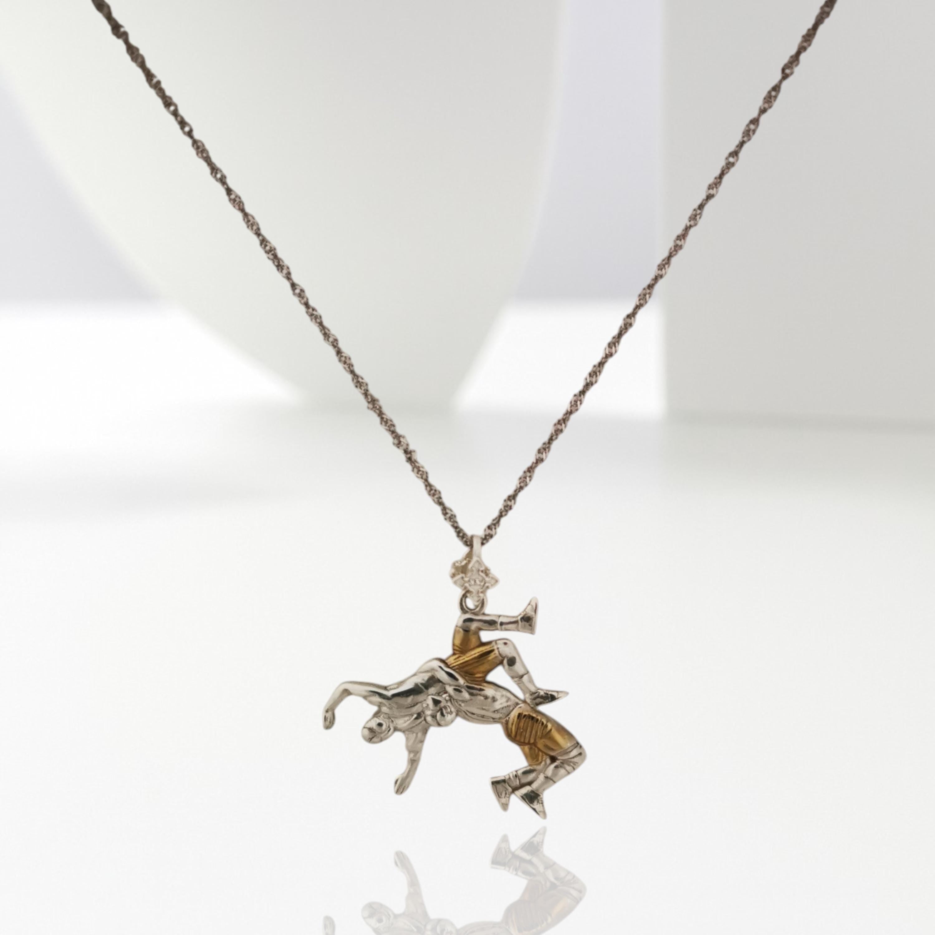 Wrestling Jewelry Pendant for Men – Silver with Gold Detail 925 Gift – Sports Accessory for Grapplers and Teen Boys – Necklace