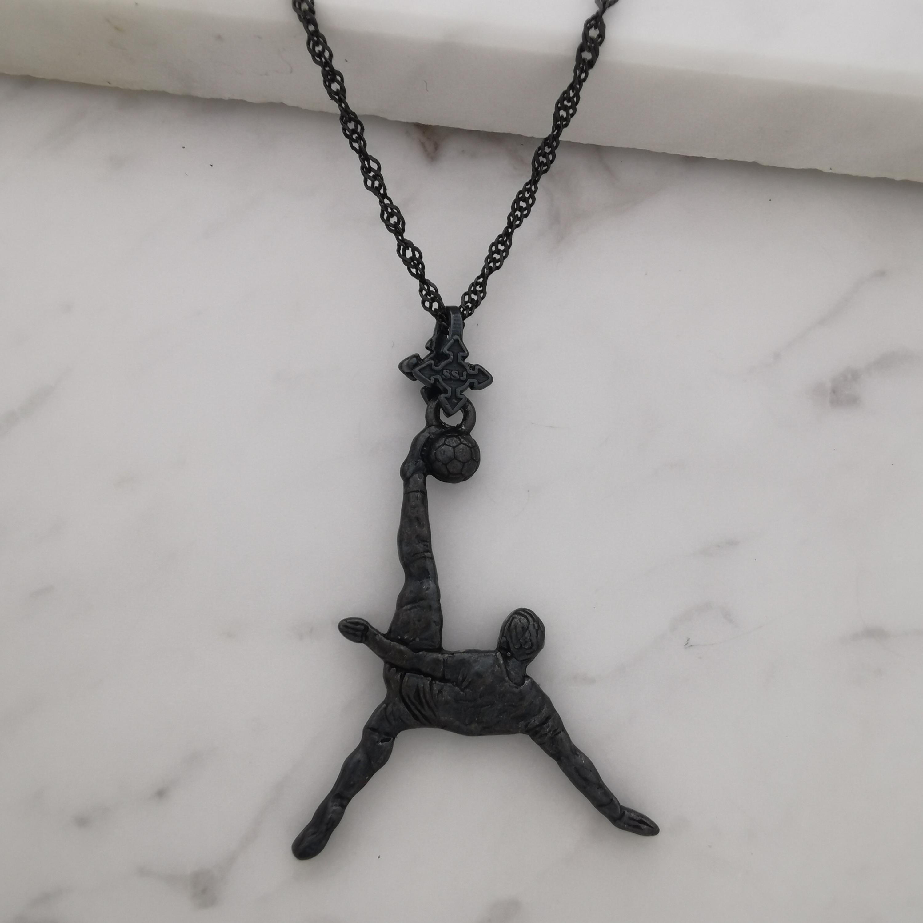 Football (Soccer) Jewelry Pendant for Men – Oxidized Black 925 Silver Gift – Bicycle Kick Sport Charm – Necklace