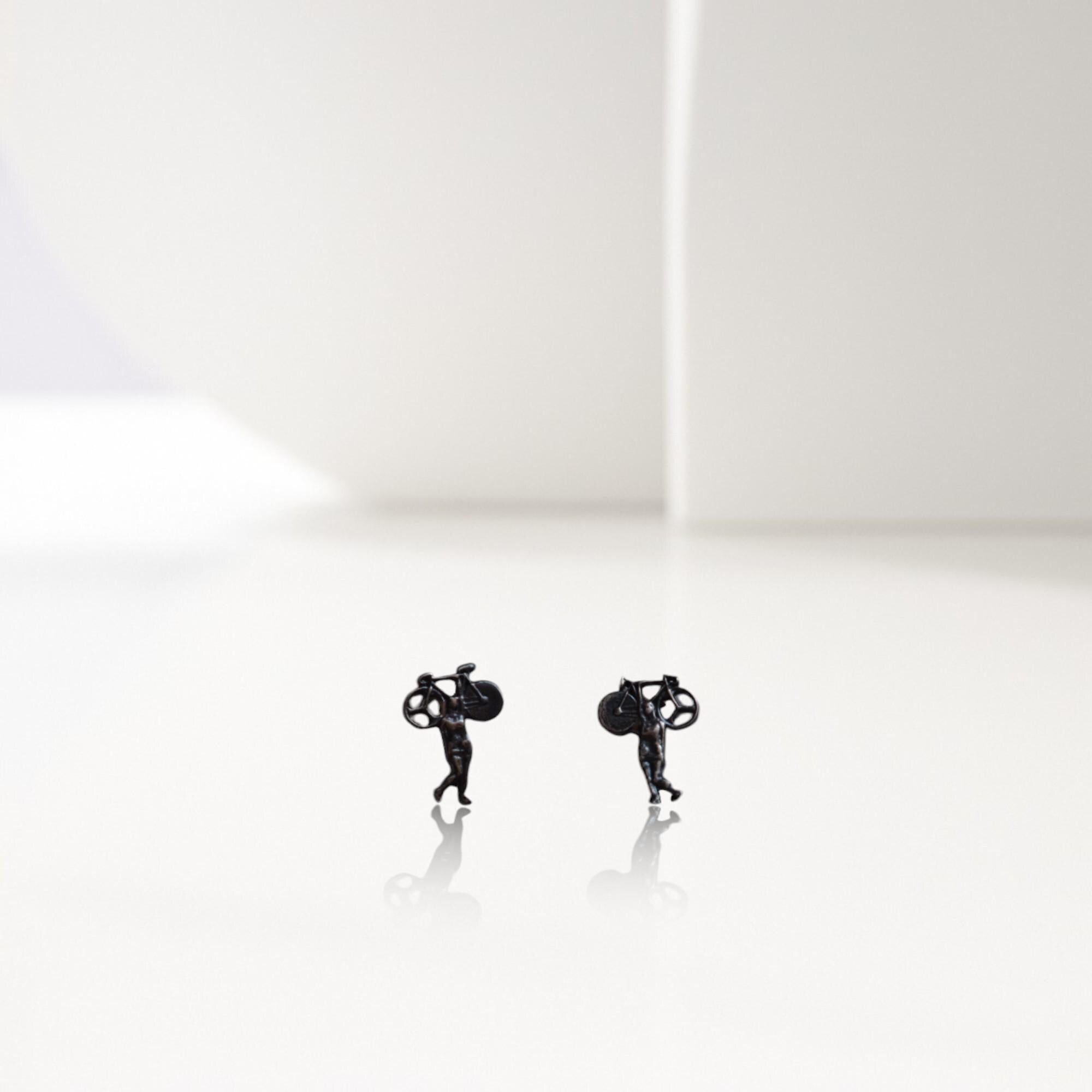 Minimalist Cycling Stud Earrings – Black Oxidized 925 Silver Jewelry for Women, Gift for Cyclist, Coach or Athlete, Small Bike Earrings