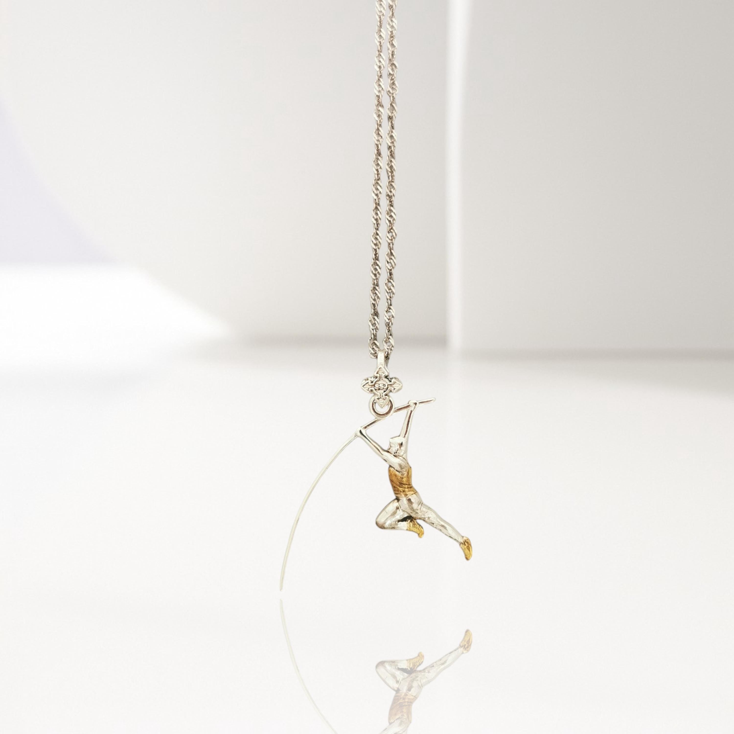 Pole Vault Jewelry for Men – Two Tone 925 Silver & Gold Pendant – Athletic Necklace Gift for Track and Field Athlete, Coach or Sports Fan