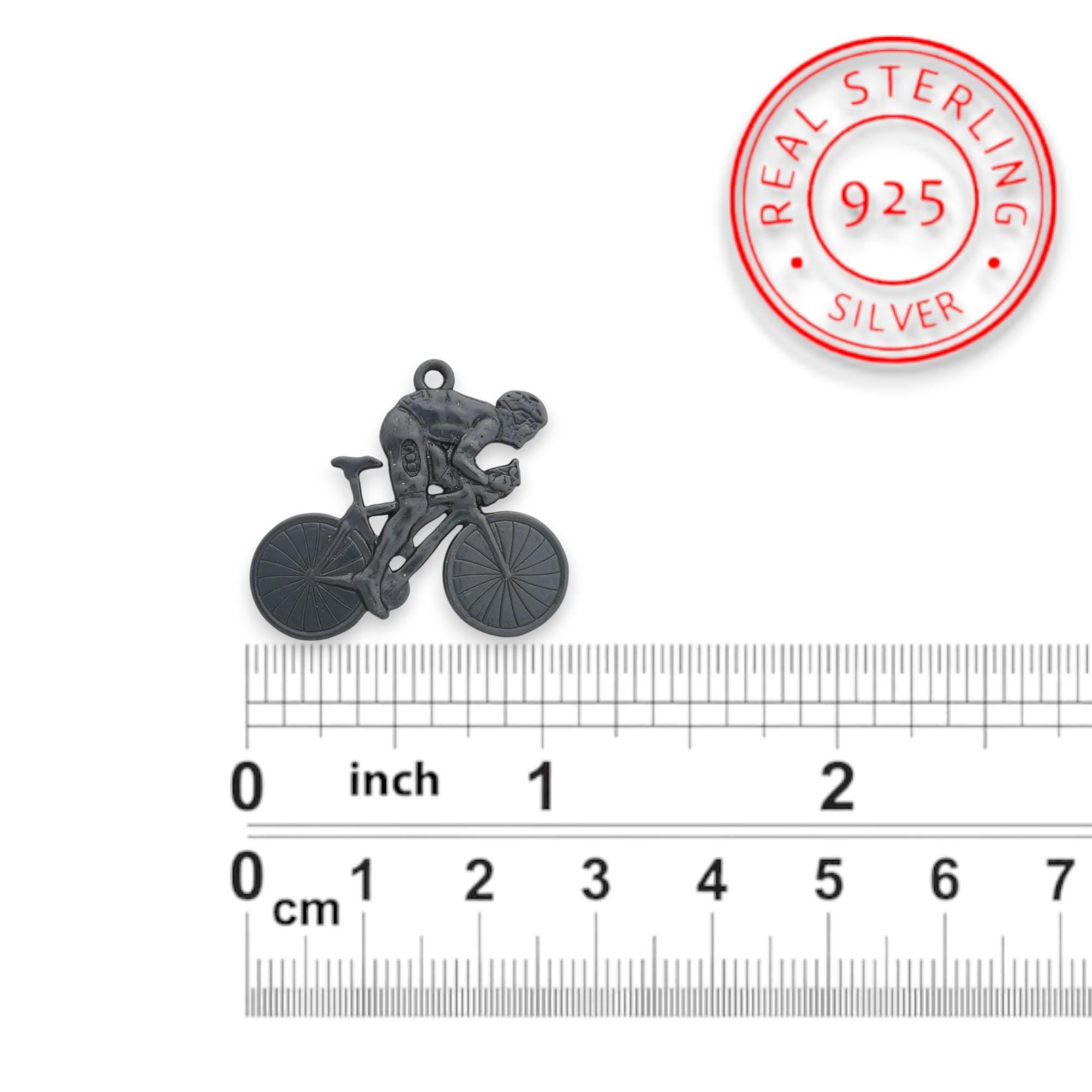 Oxidized Black Cyclist Pendant – 925 Silver Necklace for Men – Sports Jewelry Gift for Road Biker or Triathlete
