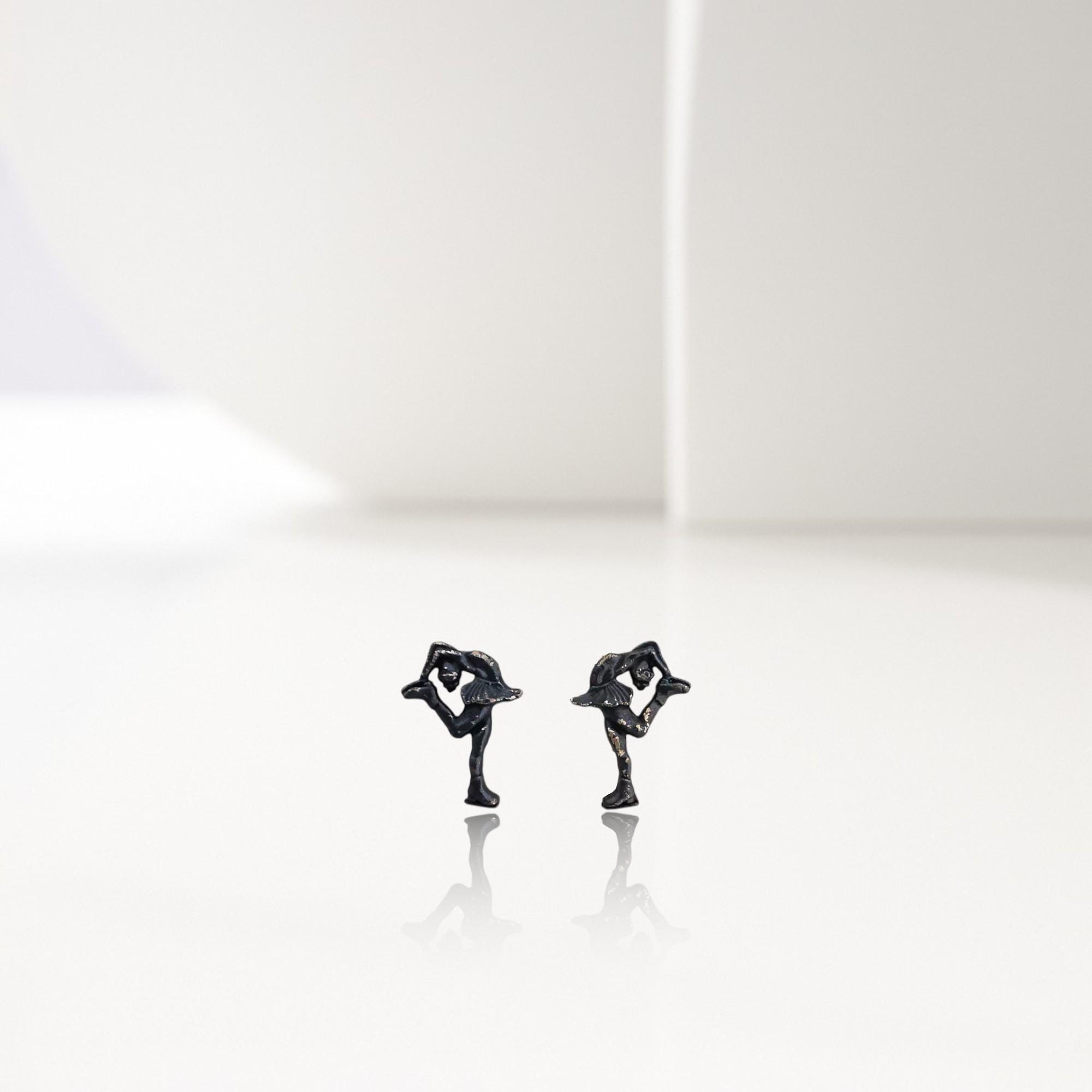 Figure Skating Stud Earrings. Minimalist Black Oxidized 925 Silver Jewelry for Women, Gift for Skater Coach or Athlete Small Sports Earrings
