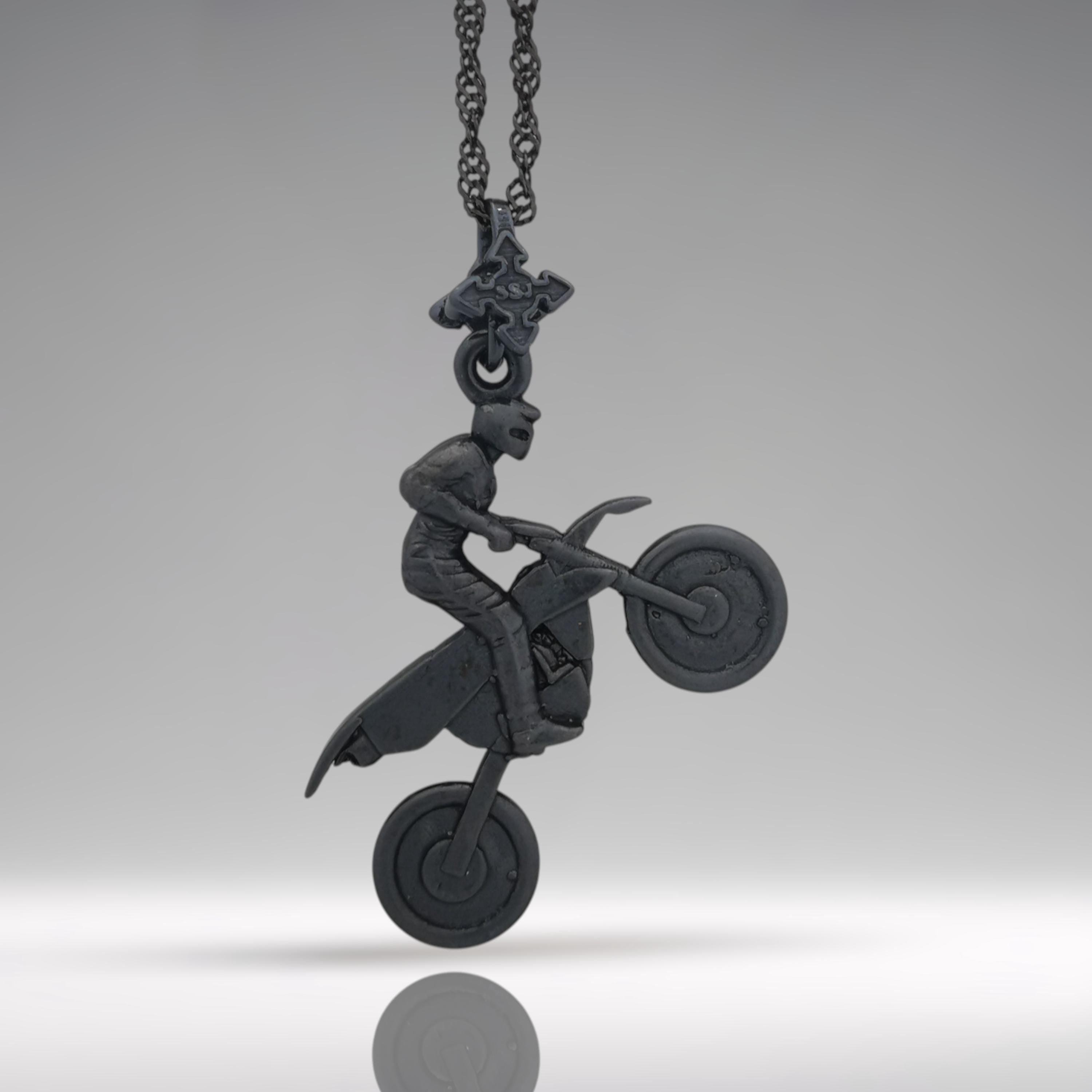 Motocross Jewelry Pendant for Men – Black Oxidized 925 Silver Sports Jewelry – Gift for Riders, MX Racers or Extreme Sports Fans Necklace