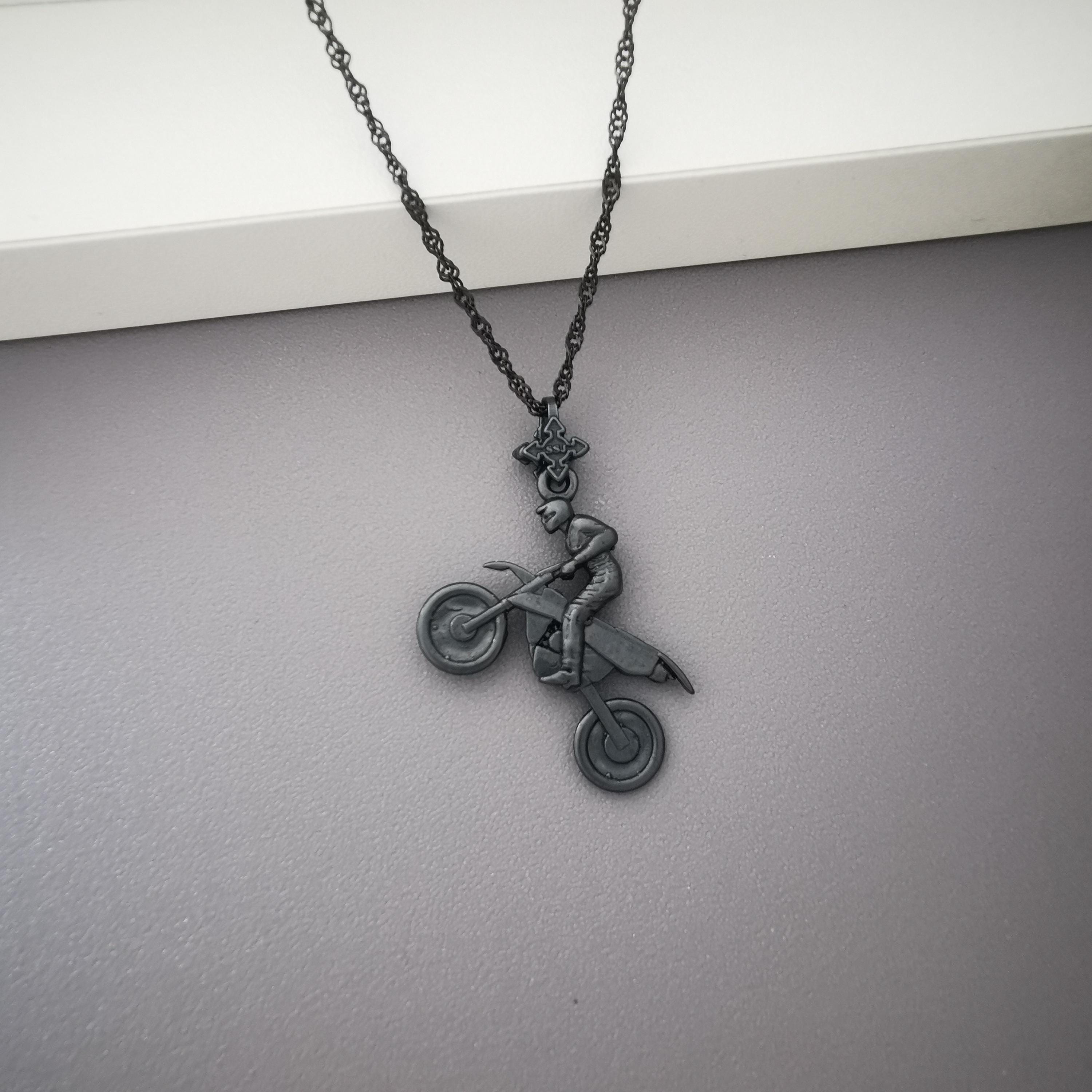 Motocross Jewelry Pendant for Men – Black Oxidized 925 Silver Sports Jewelry – Gift for Riders, MX Racers or Extreme Sports Fans Necklace