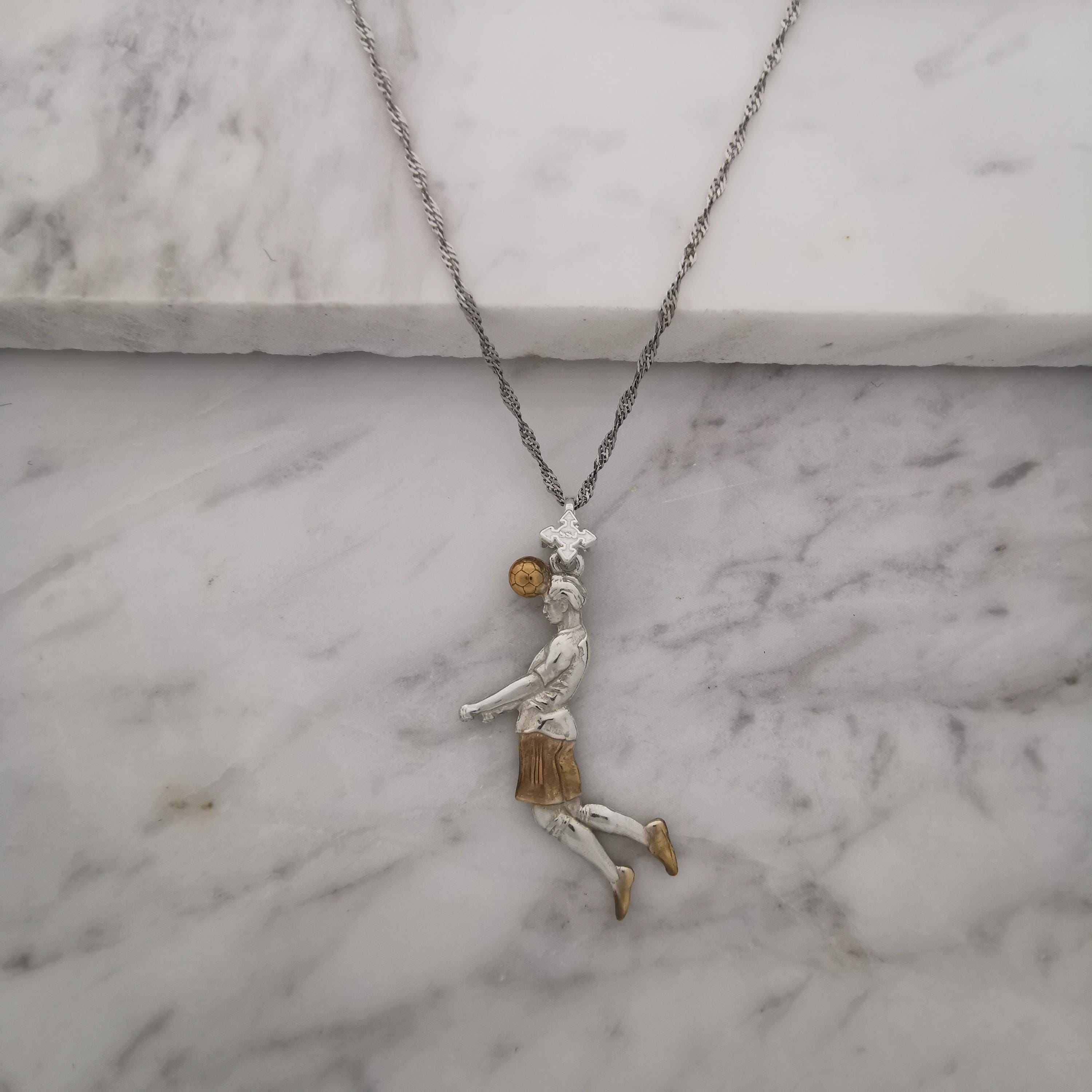 Football (Soccer) Jewelry Pendant for Men – 925 Silver with Partial Gold Plating – Header Shot Charm for Players – Necklace