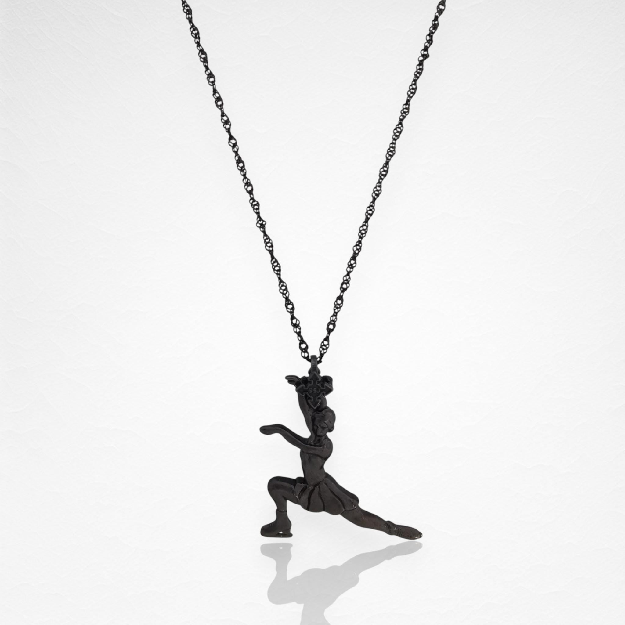 Figure Skating Pendant for Women – Oxidized Black 925 Silver Jewelry Gift – Handcrafted Sports Charm for Skaters & Fans – Necklace