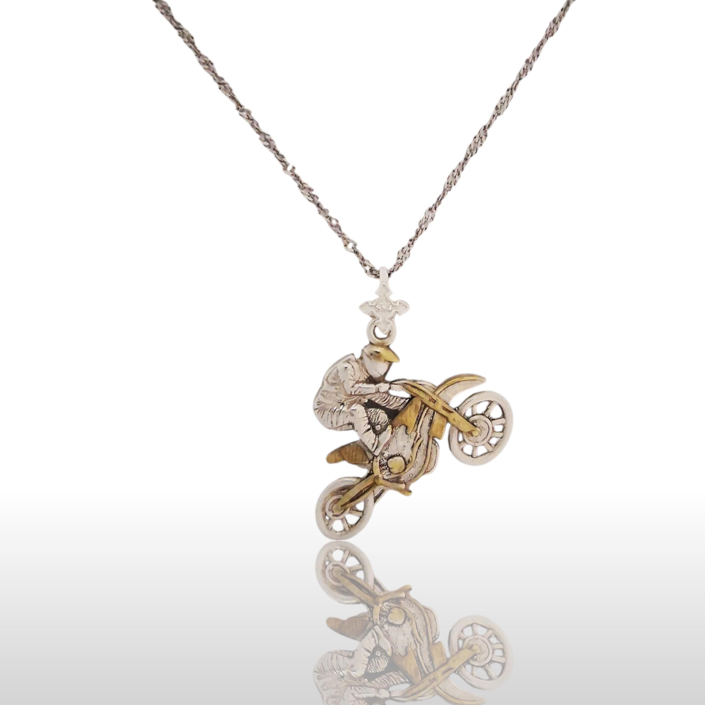 Motocross Jewelry Pendant for Men – Silver with Partial Gold Plating 925 Gift Two-Tone Sports Accessory for Riders and Collectors – Necklace
