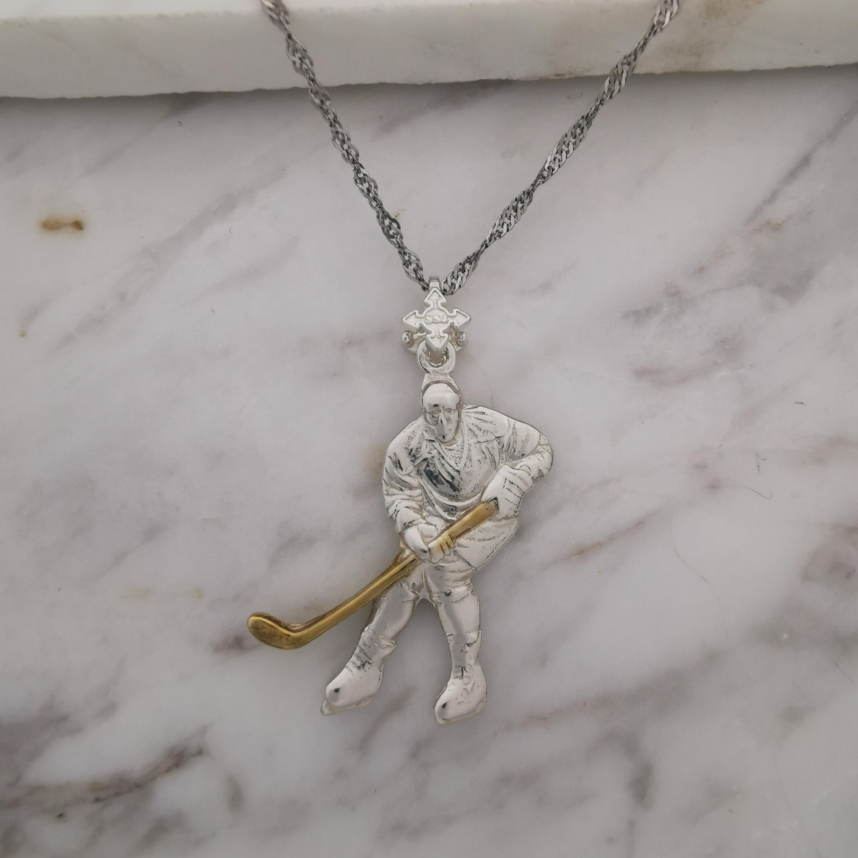 Ice Hockey Jewelry Pendant for Men – 925 Silver with Partial Gold Plating – Handcrafted Sport Charm for Players – Necklace