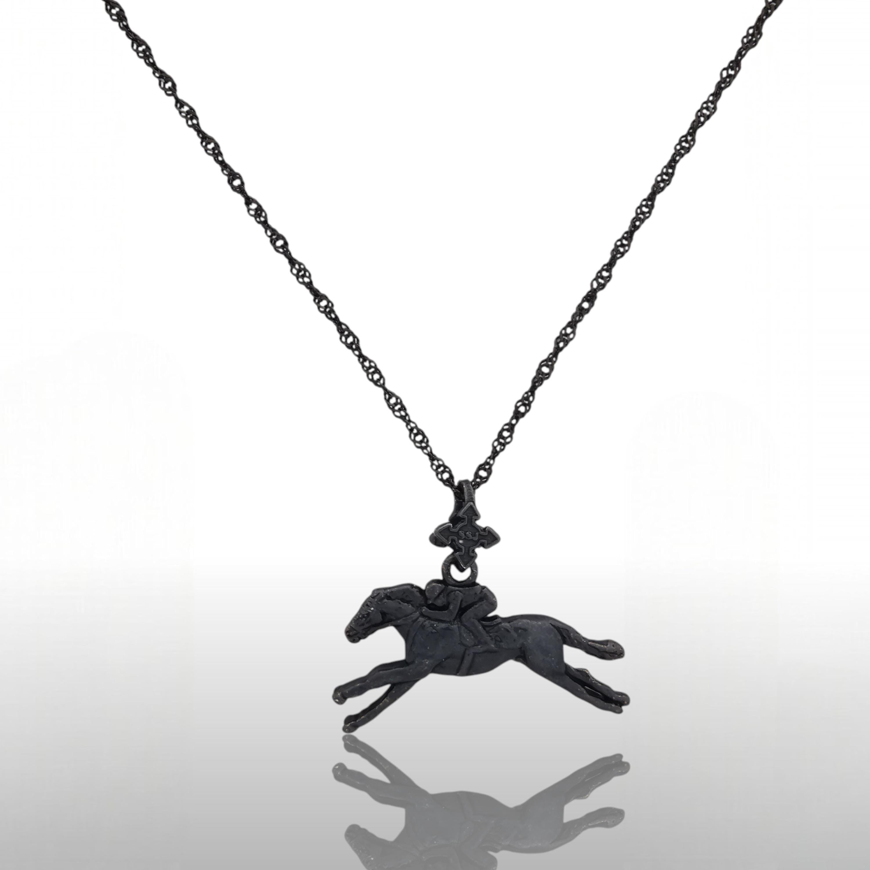 Horse Racing Jewelry Pendant for Men – Oxidized Black 925 Silver Gift – Bold Equestrian Sports Accessory for Riders – Necklace
