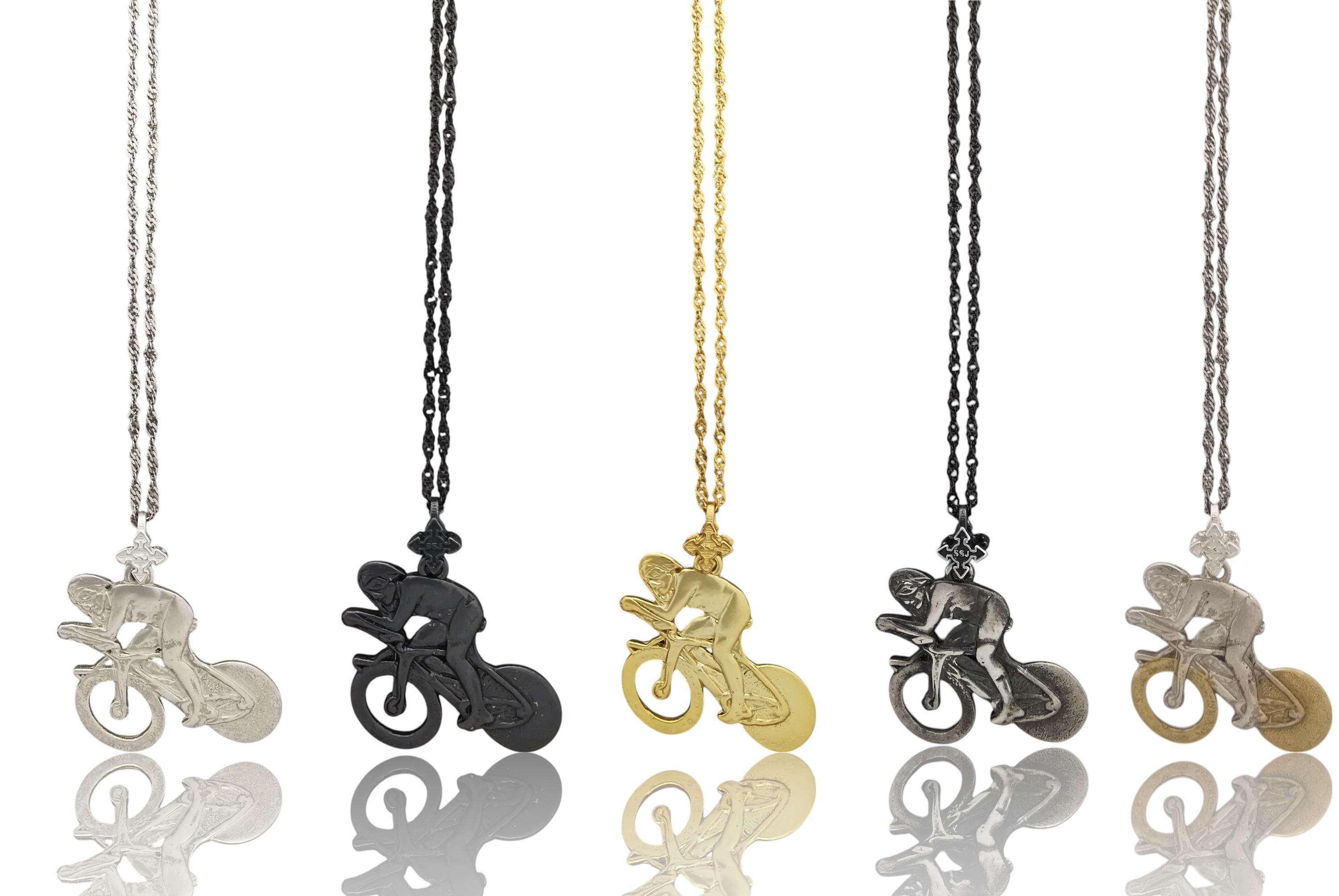 Cycling Jewelry Pendant for Men – Silver with Partial Gold Plating 925 Gift – Sports Accessory for Road Racers and Cyclists – Necklace