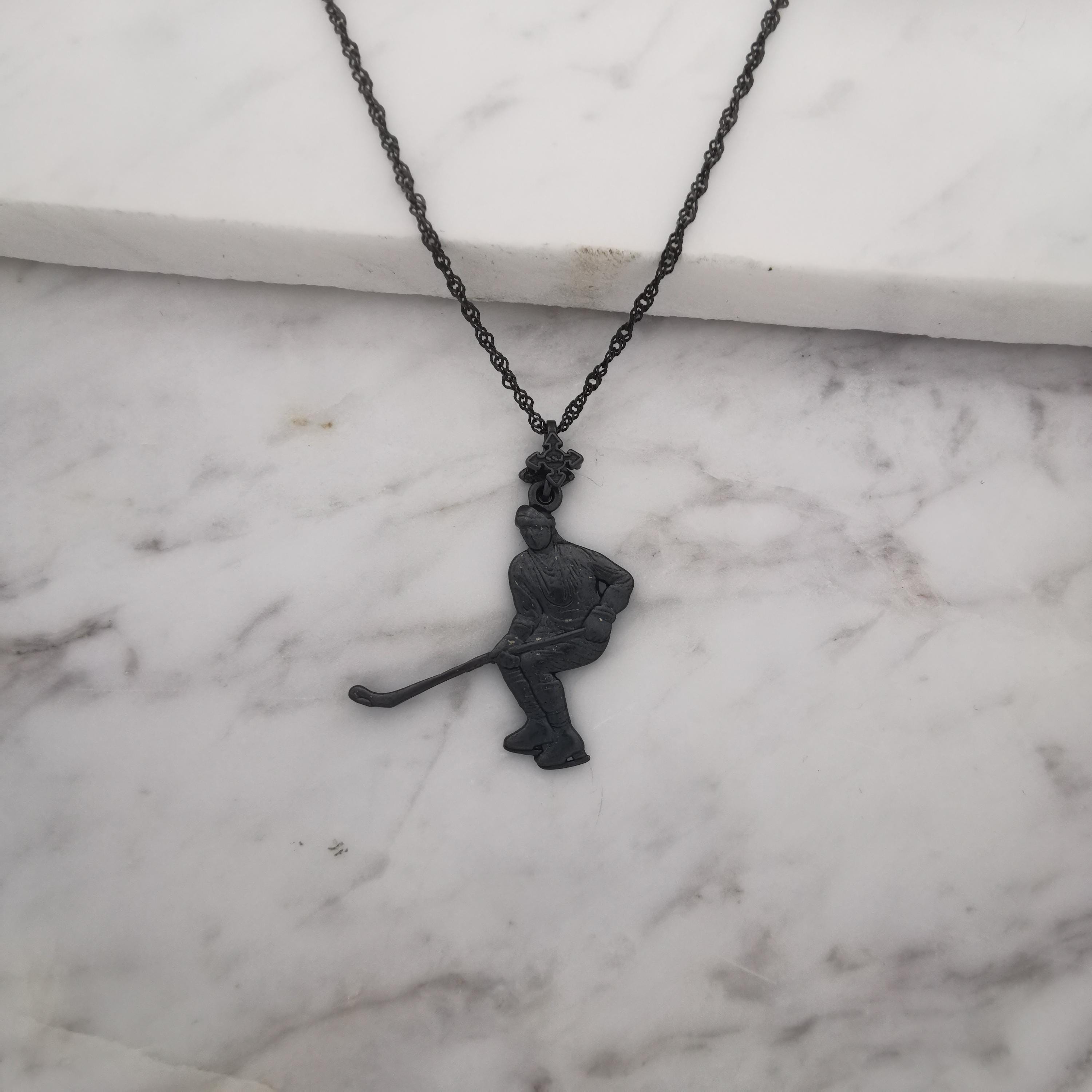 Ice Hockey Jewelry Pendant for Men – Oxidized Black 925 Silver Gift – Handcrafted Sport Charm for Players – Necklace