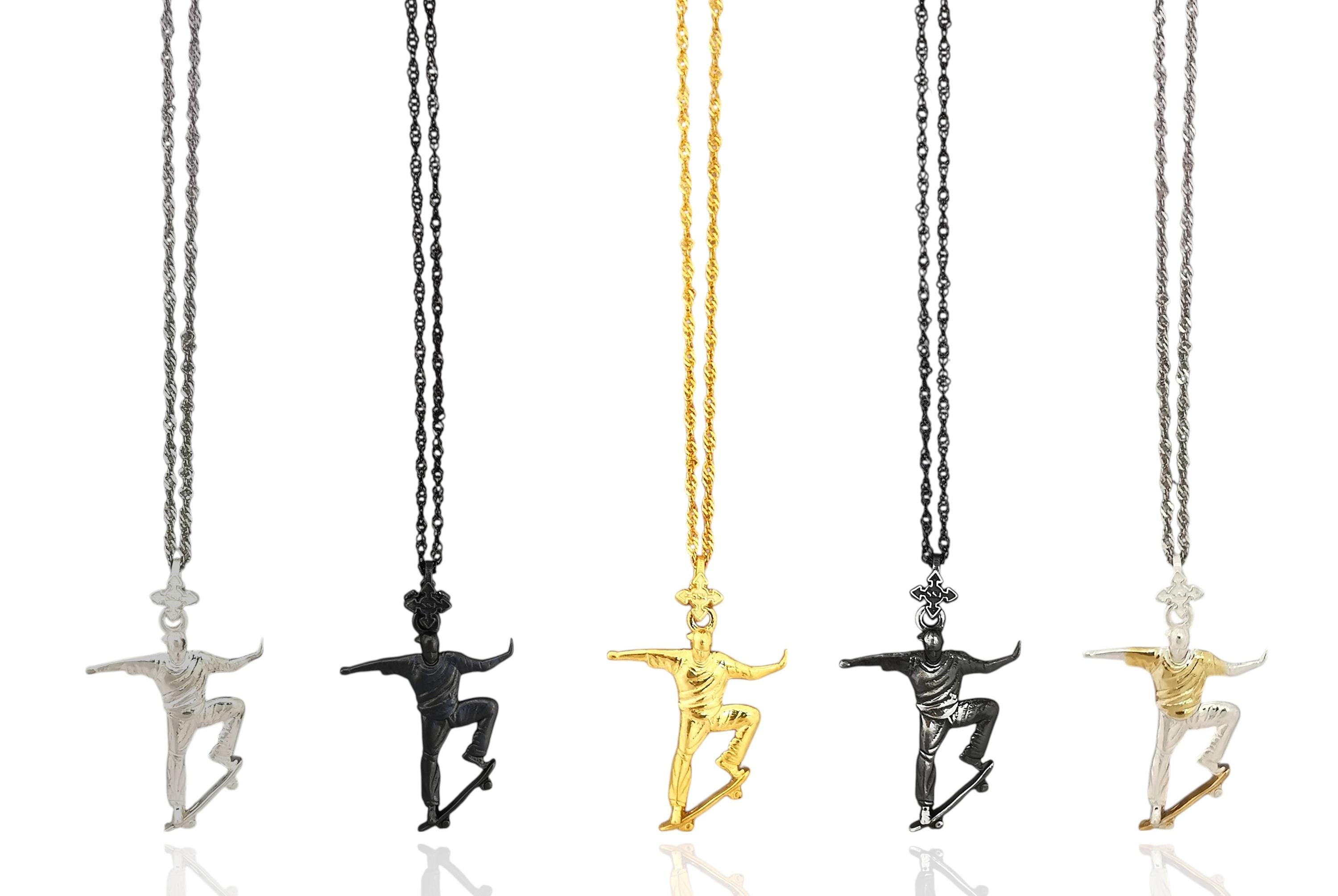 Skateboard Pendant for Men 925 Silver Jewelry Gold Detail Handcrafted Urban Style Gift for Skaters, Athletes & Street Culture Fans Necklace