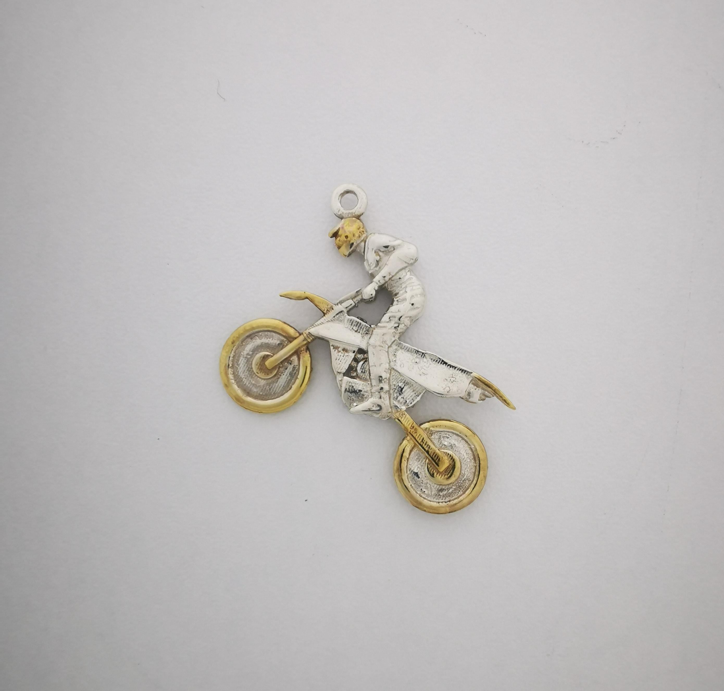 Motocross Jewelry Pendant for Men, 925 Silver Partial Gold Plating, Bold Sports Jewelry Gift for Riders, Racers, and Off-Road Fans Necklace